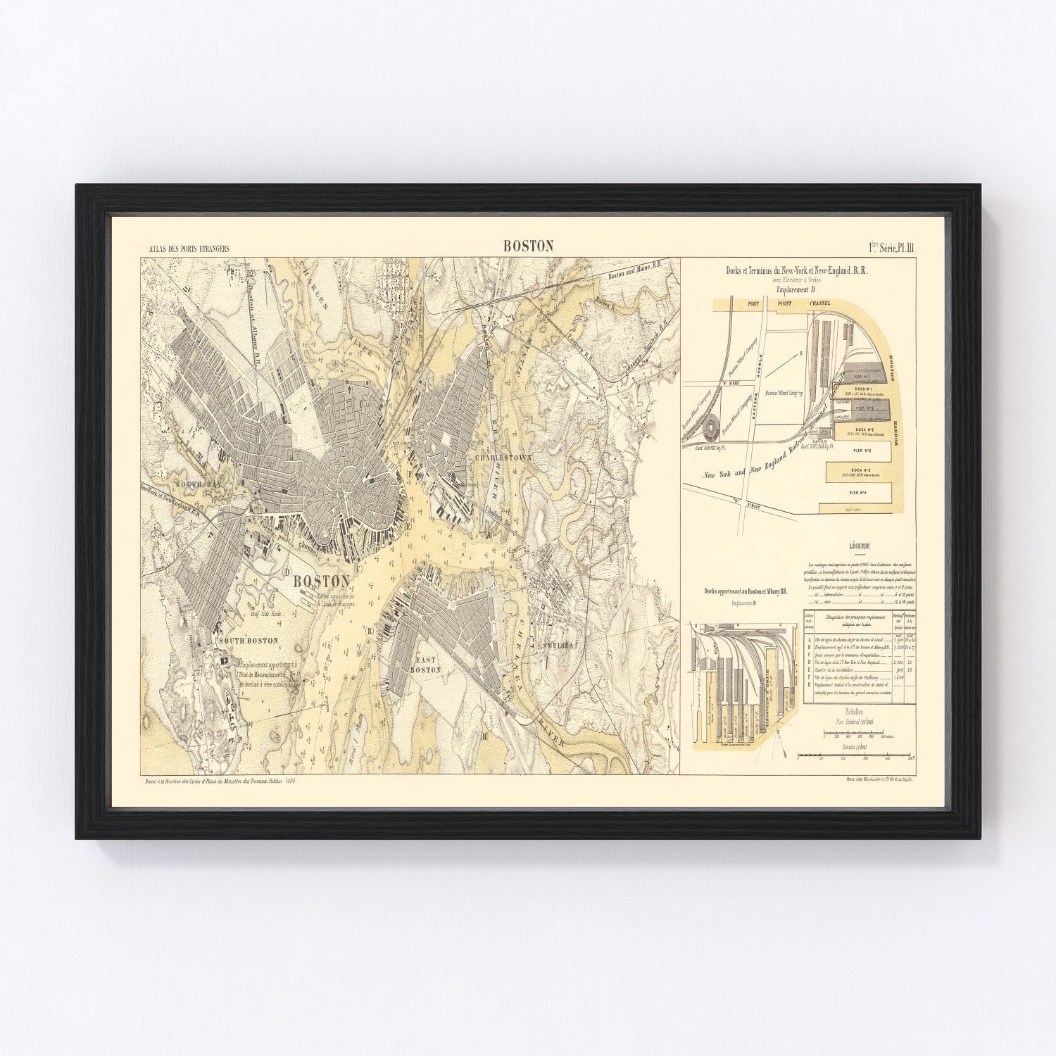 vintage map of Boston Massachusetts 1884, restored print wall art