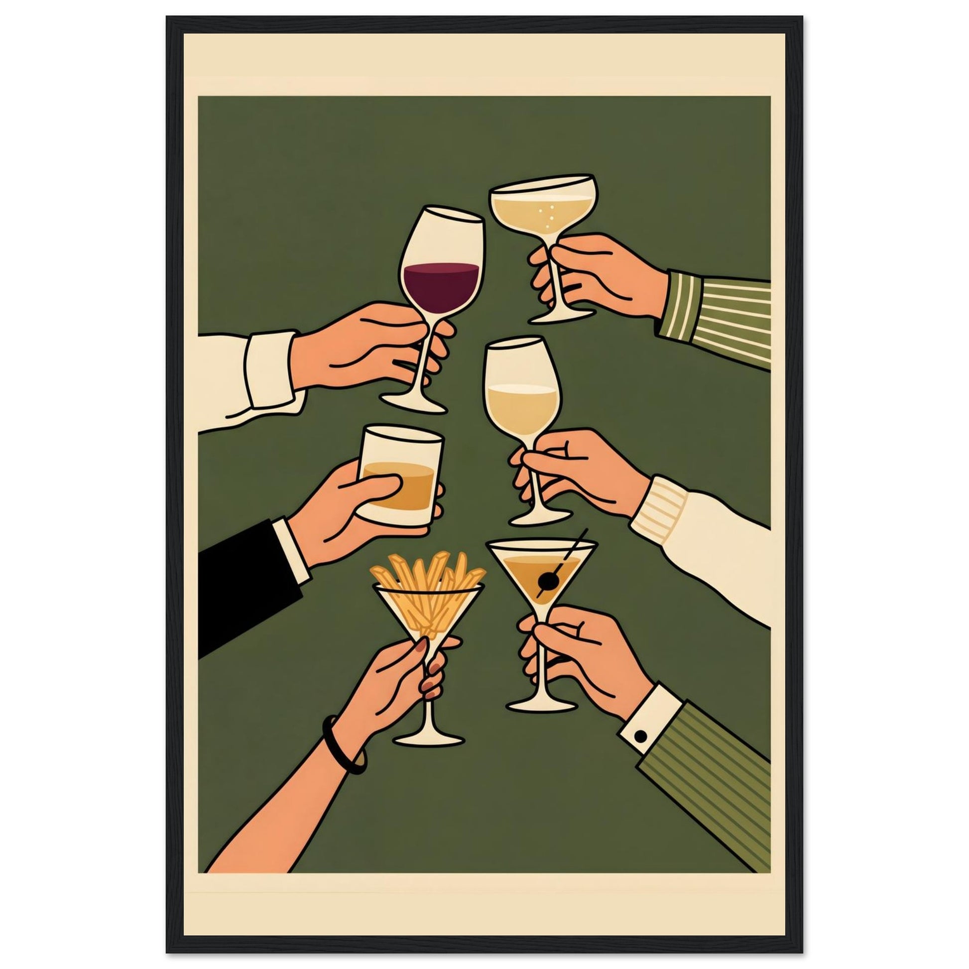 Retro Cheers Cocktail Toast Wall Art, Framed Bar Decor - 20x25 cm / 8x10″ - White frame / Ready-to-hang - Sparkycare