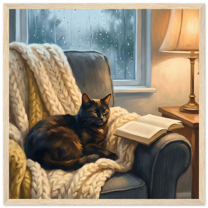 Cozy Cat Reading Poster - The Finishing Touch Your Reading Nook Needs - 40x40 cm / 16x16″ - Wood frame / Ready-to-hang - Sparkycare