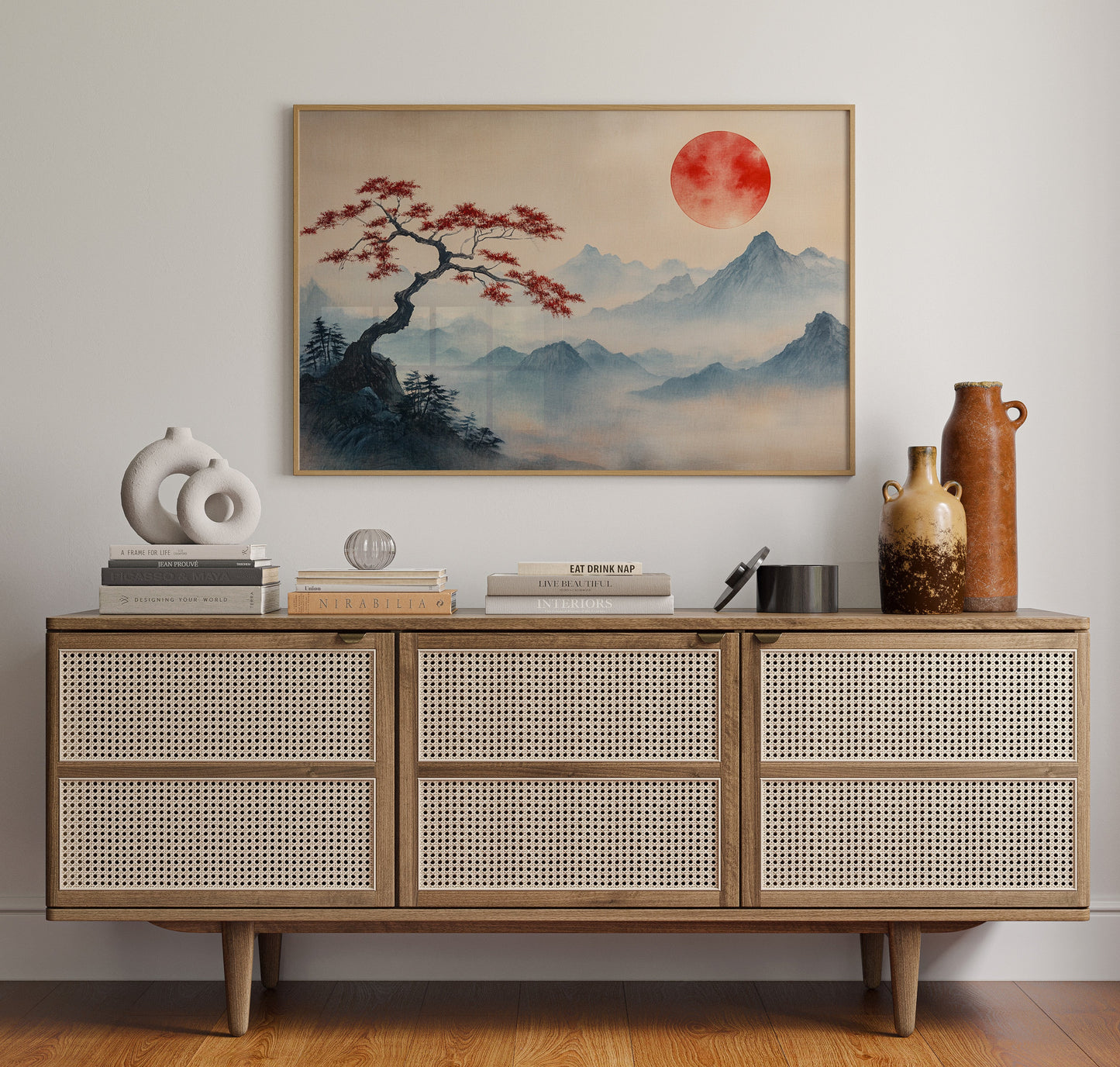 Japanese Red Sun and Bonsai Mountain Wall Art Print