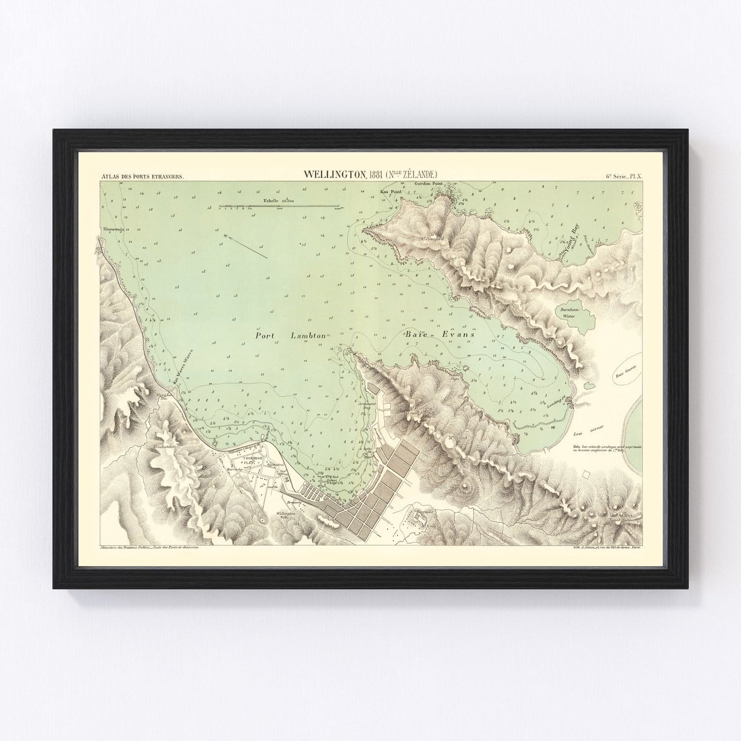 Vintage map of Wellington, New Zealand, 1881, harbour city hills and streets