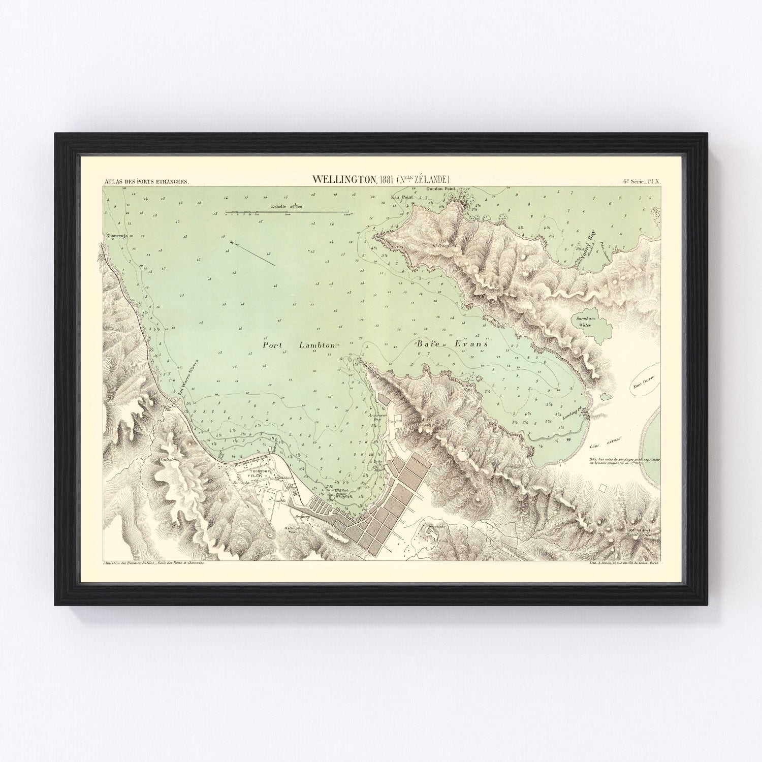 Vintage map of Wellington, New Zealand, 1881, harbour city hills and streets