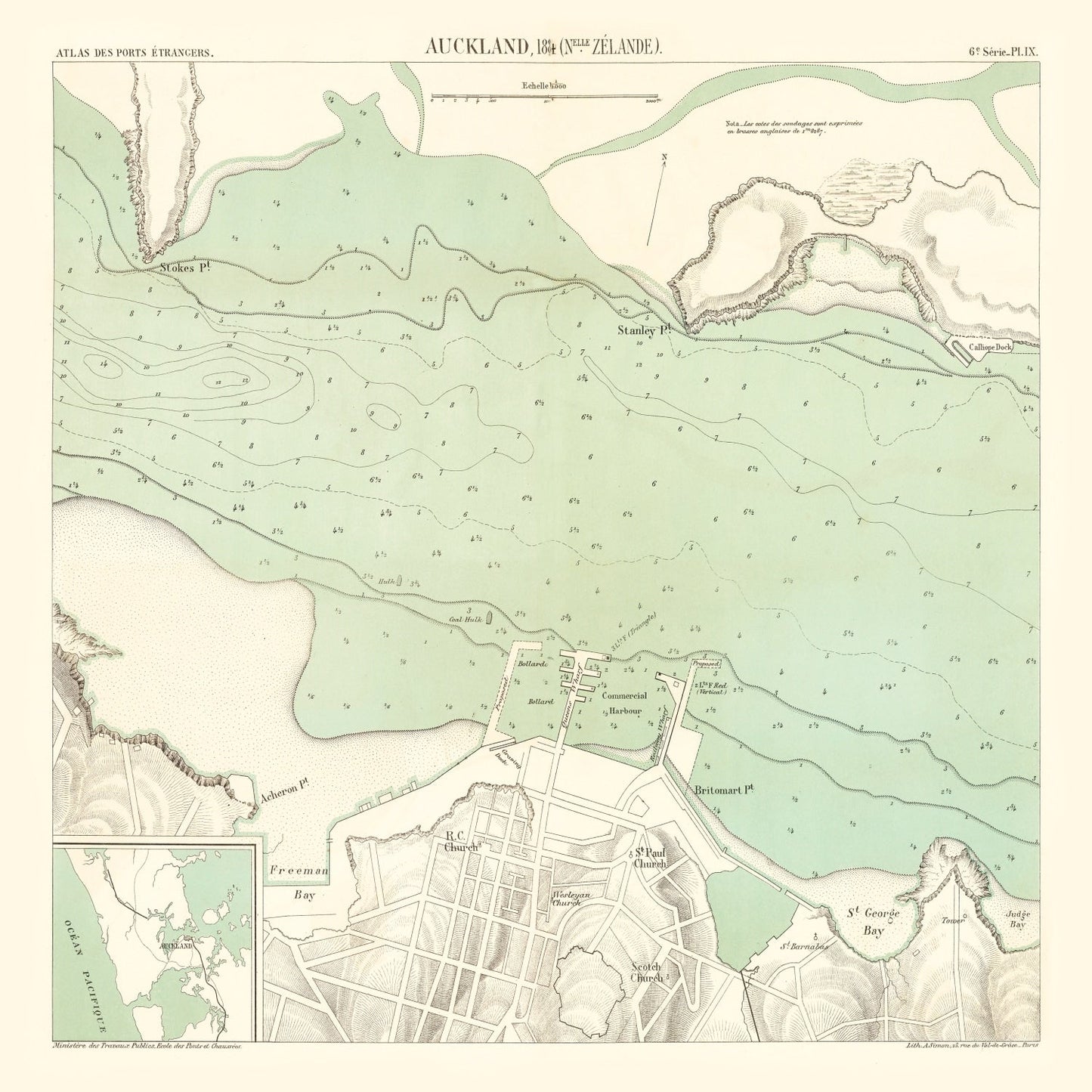 Vintage Map of Auckland, New Zealand, 1884