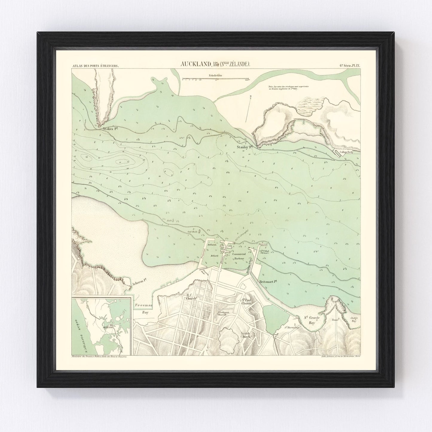 vintage map of Auckland, New Zealand, 1884, harbor city