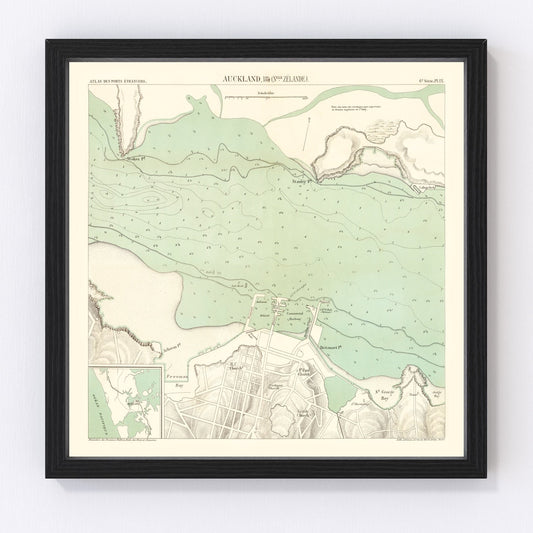 vintage map of Auckland, New Zealand, 1884, harbor city
