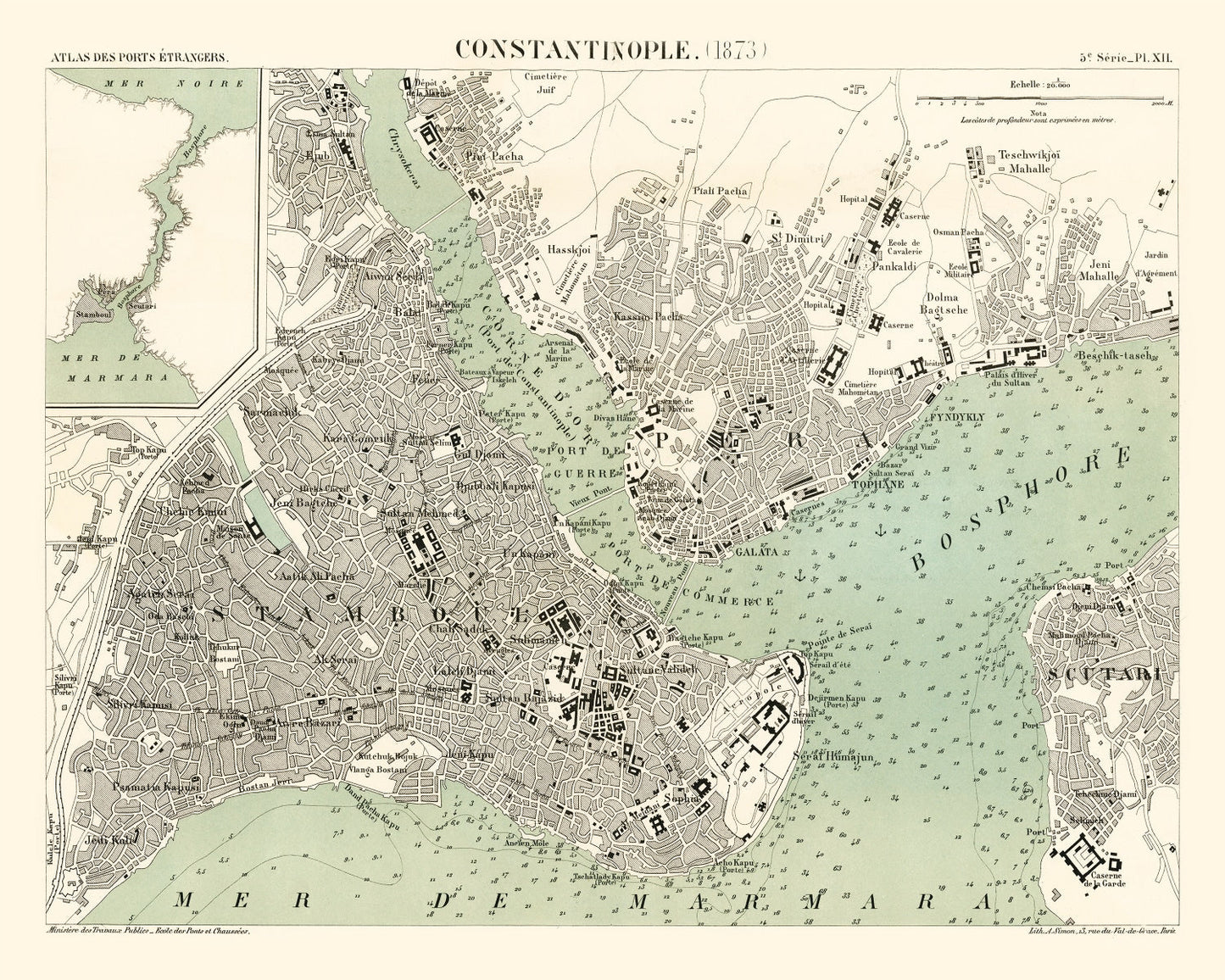 Vintage Map of Istanbul, Turkey, 1873