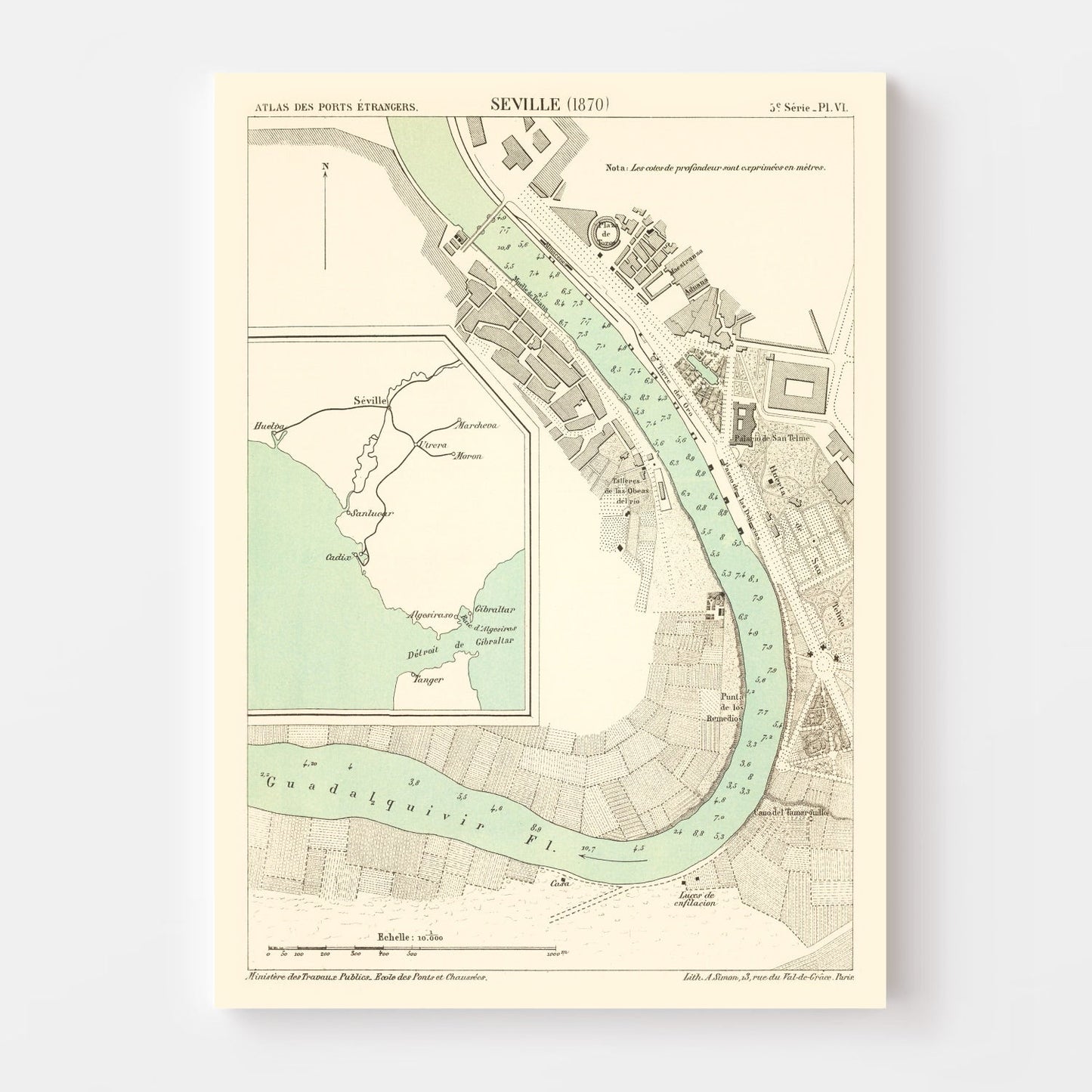 Vintage Map of Seville, Spain, 1870