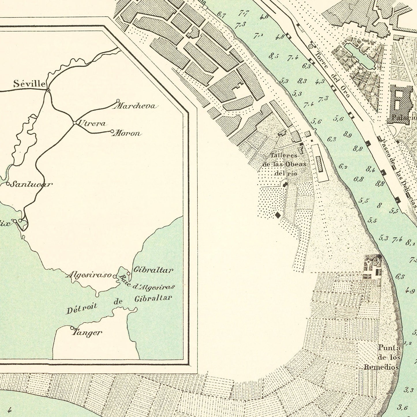 Vintage Map of Seville, Spain, 1870