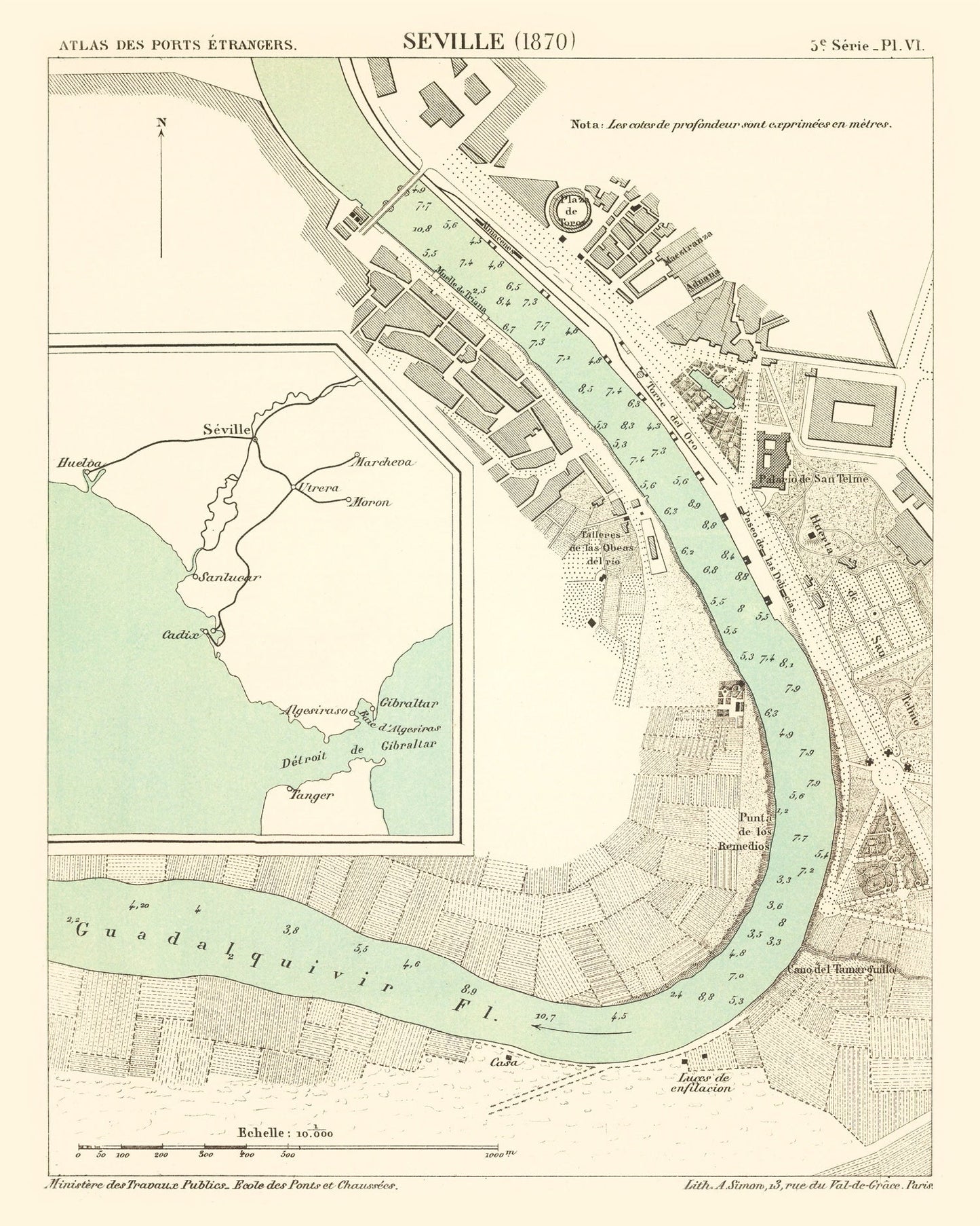 Vintage Map of Seville, Spain, 1870