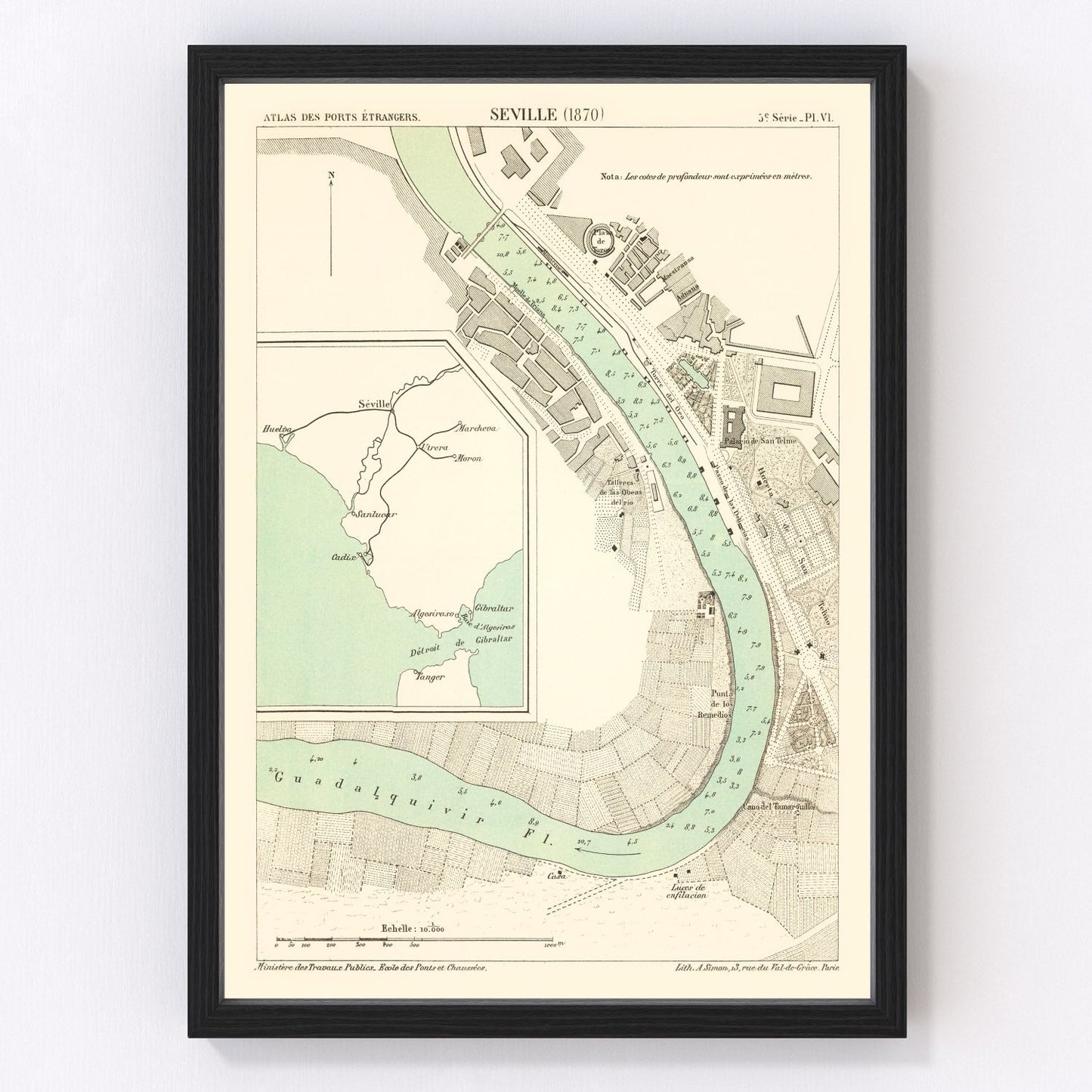 vintage map of Seville, Spain, 1870