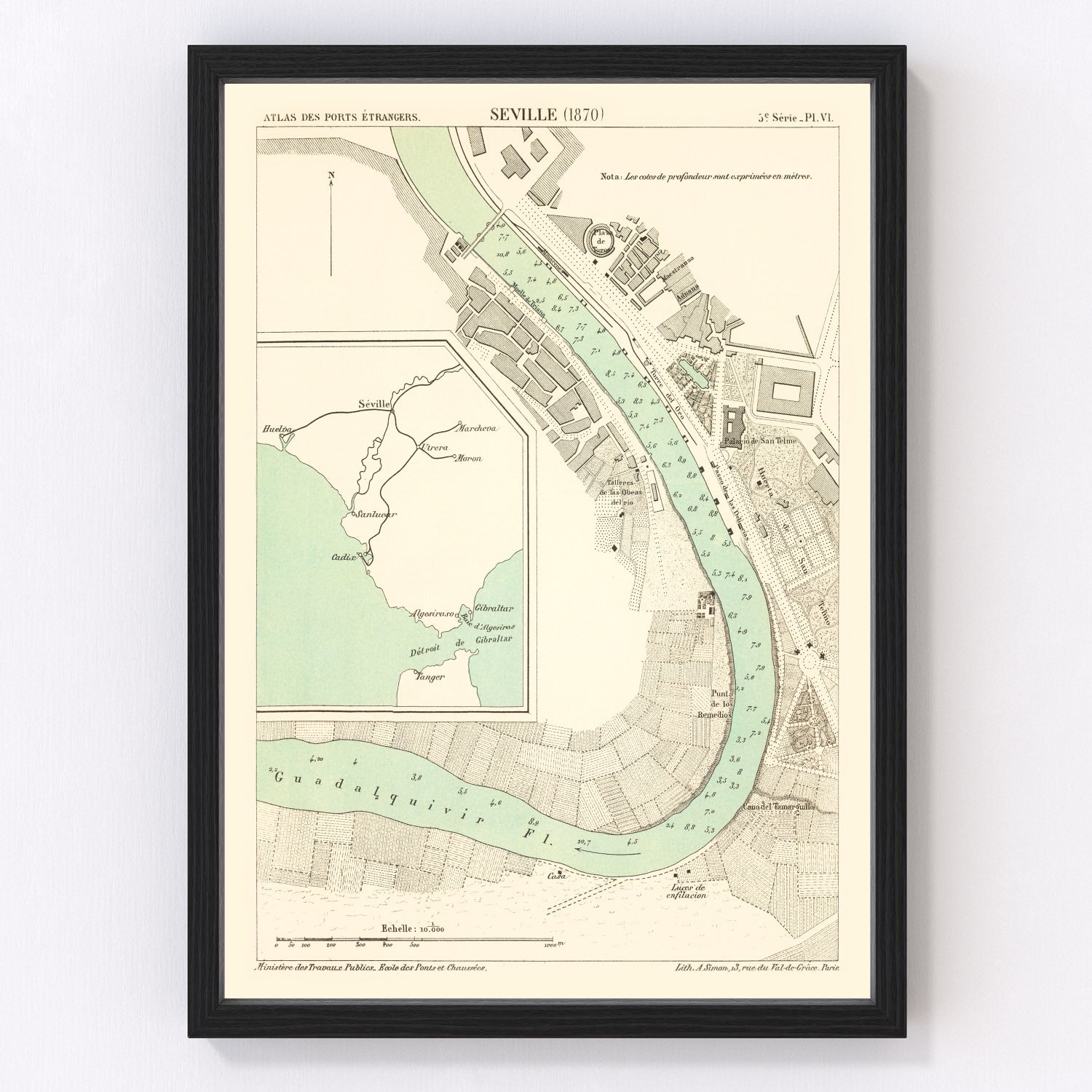 vintage map of Seville, Spain, 1870