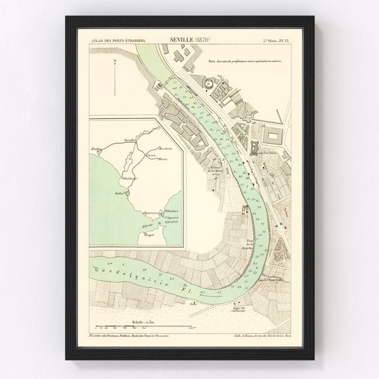 vintage map of Seville, Spain, 1870