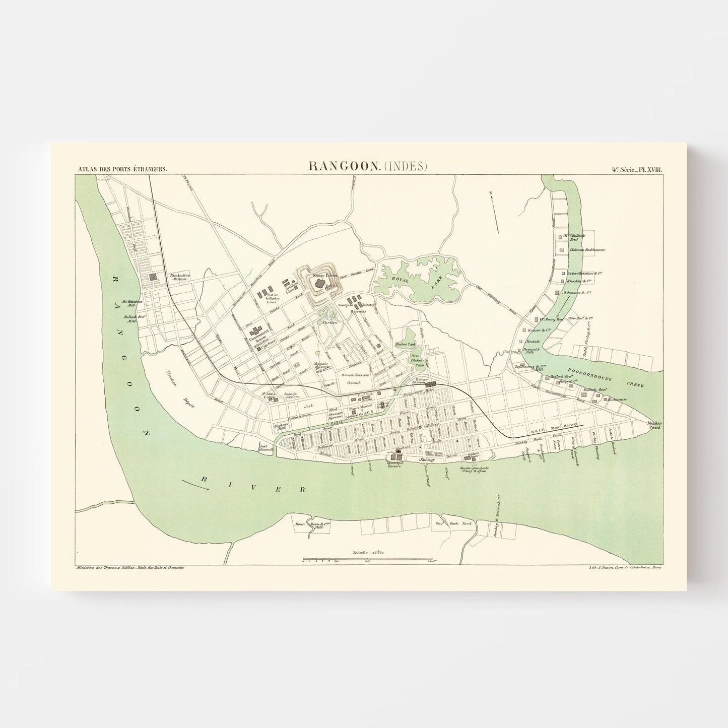 Vintage Map of Yangon, Myanmar, 1888