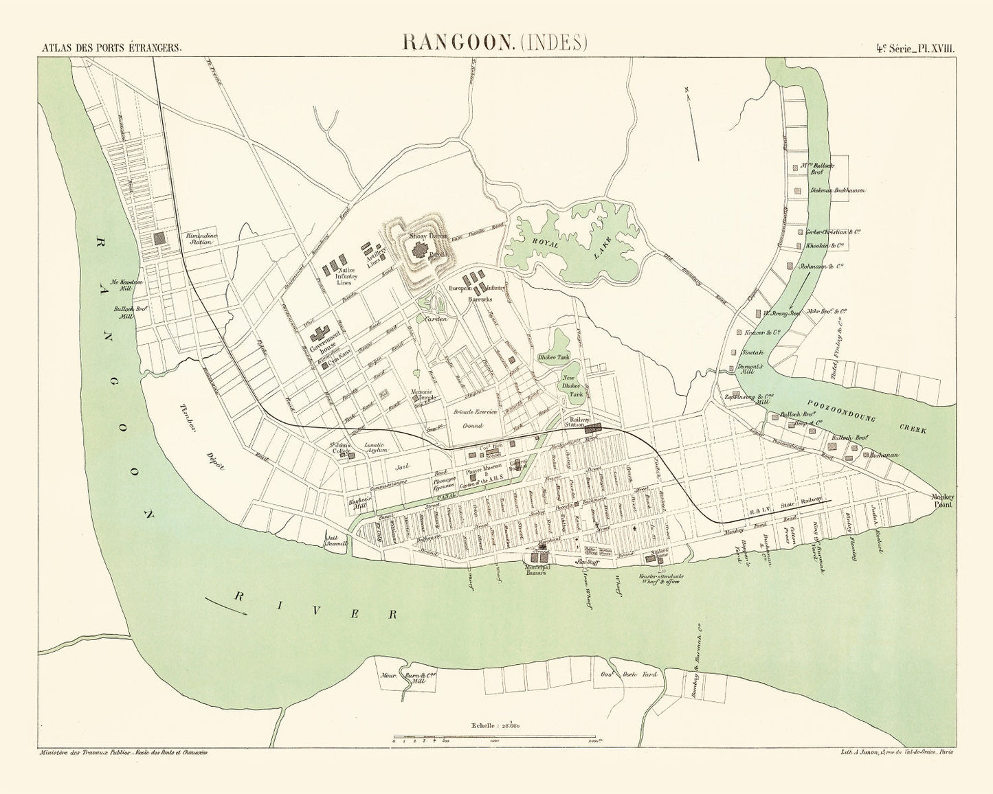 Vintage Map of Yangon, Myanmar, 1888