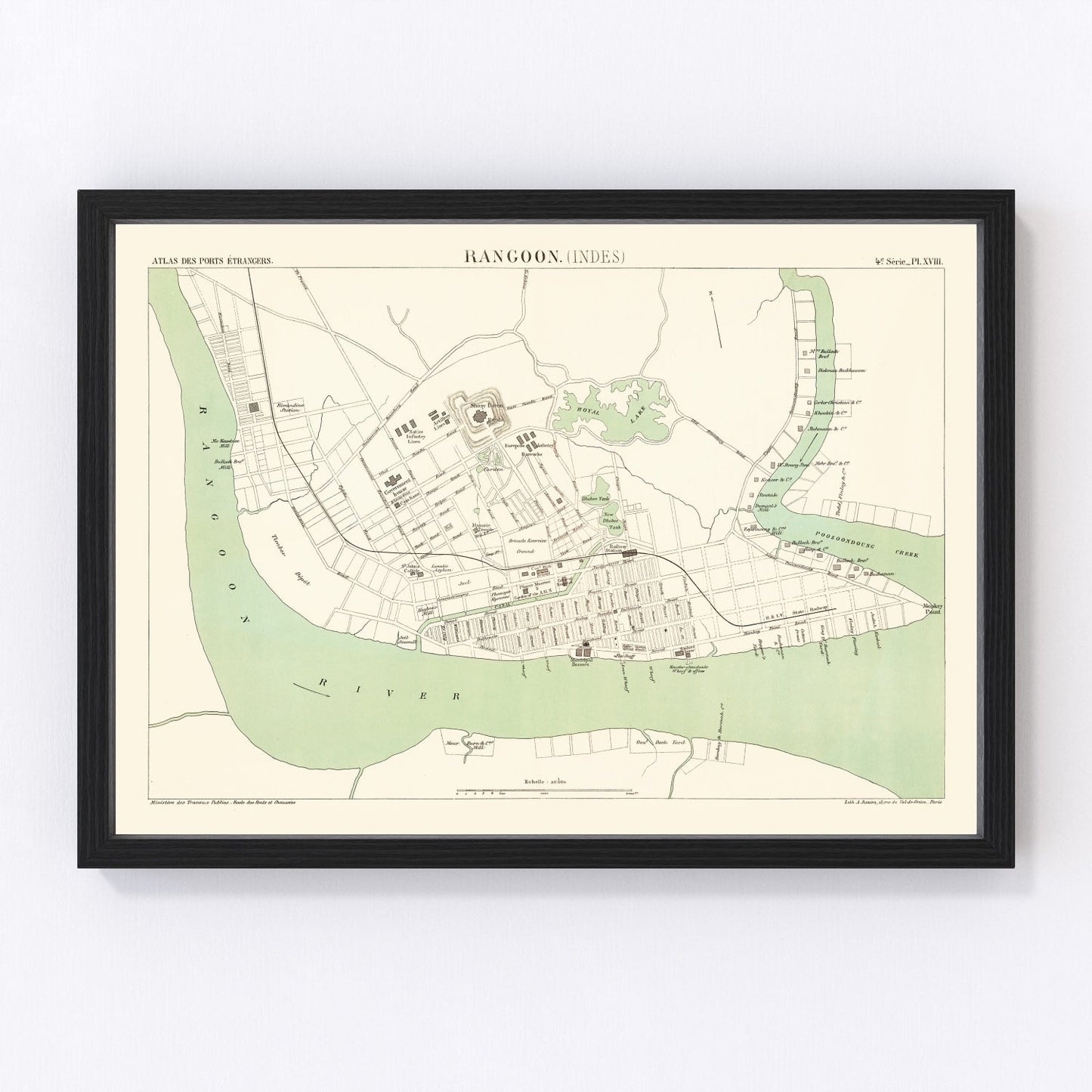 Vintage map of Yangon, Myanmar, 1888, colonial-era Rangoon restored