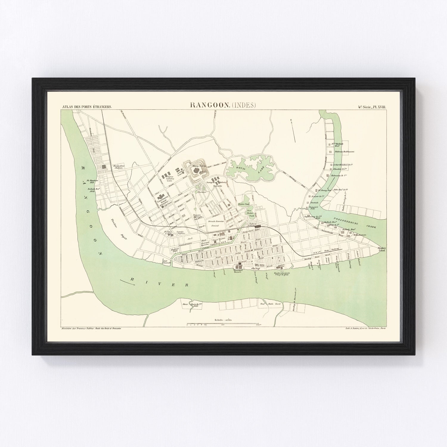 Vintage map of Yangon, Myanmar, 1888, colonial-era Rangoon restored