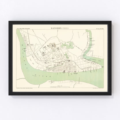 Vintage map of Yangon, Myanmar, 1888, colonial-era Rangoon restored