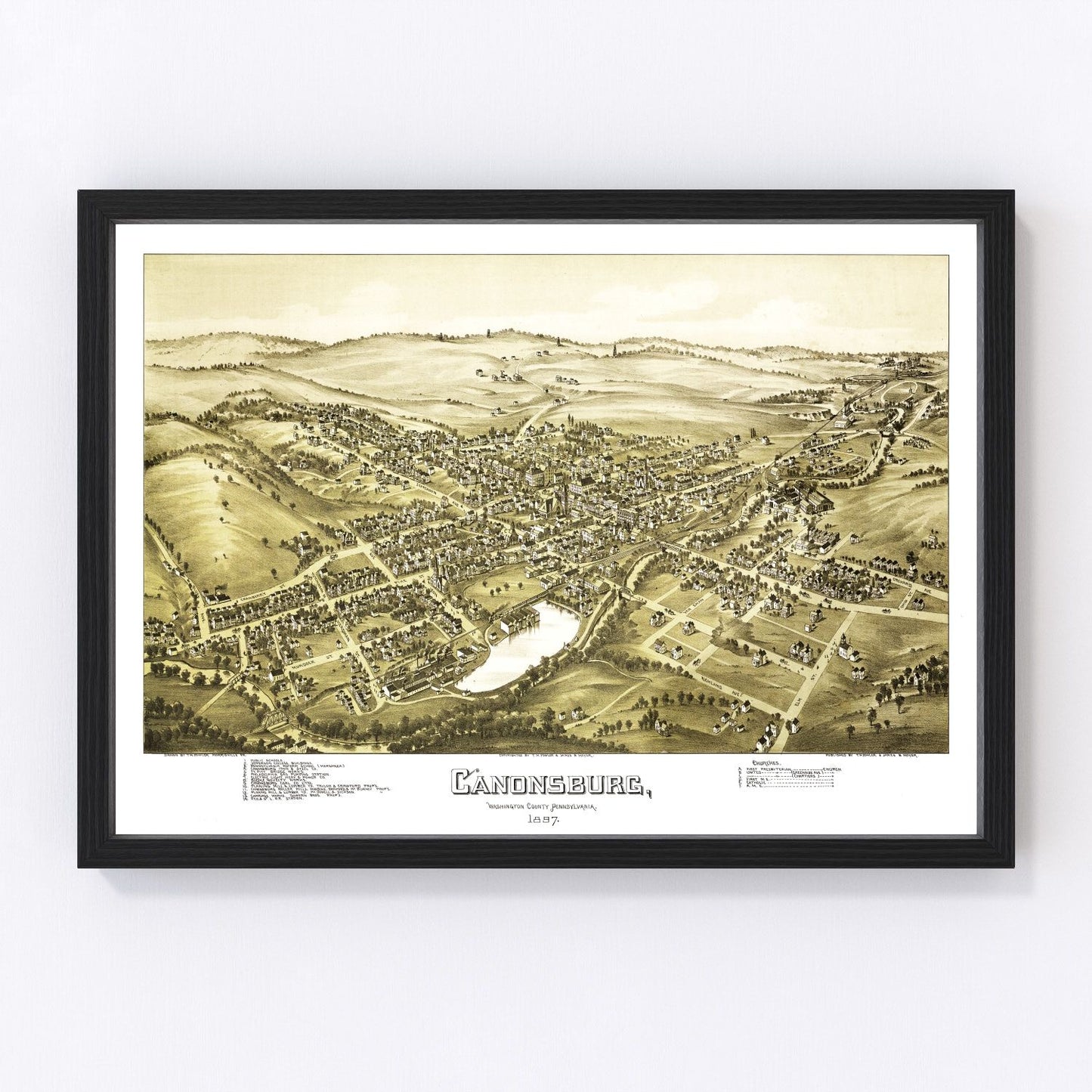 Vintage map of Canonsburg, Pennsylvania, 1897, restored vintage wall art print