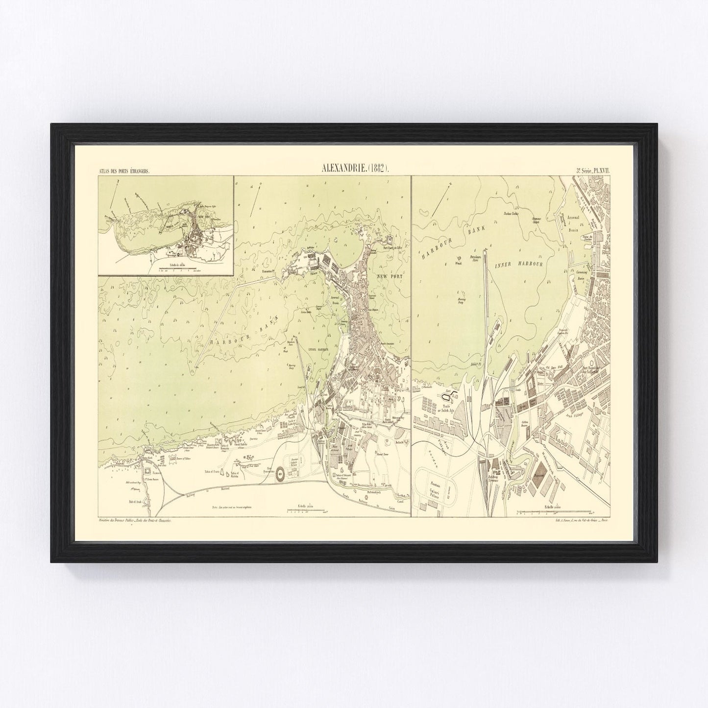 Vintage map of Alexandria, Egypt, 1882 - Mediterranean harbor and Nile Delta cartography