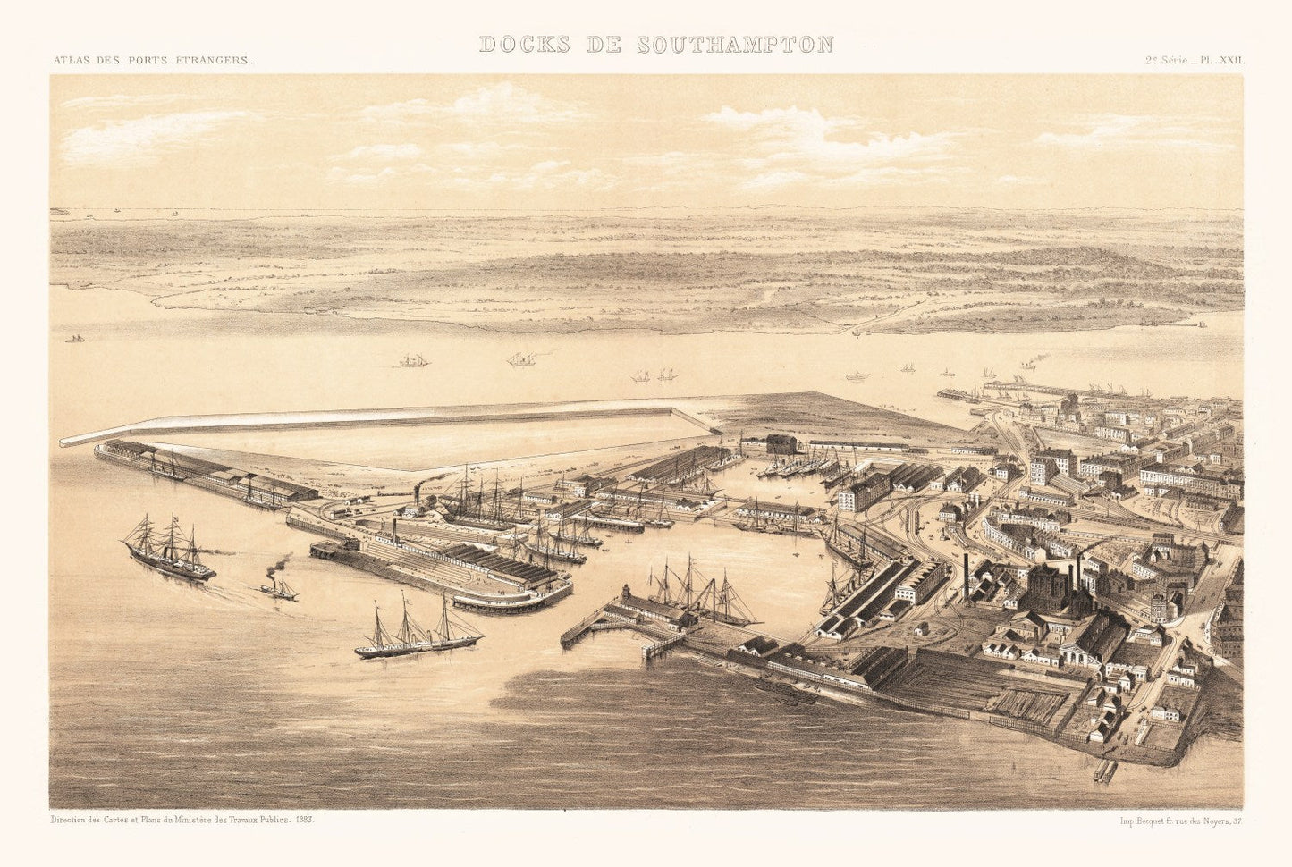 Vintage Map of Southampton Docks, England, 1883