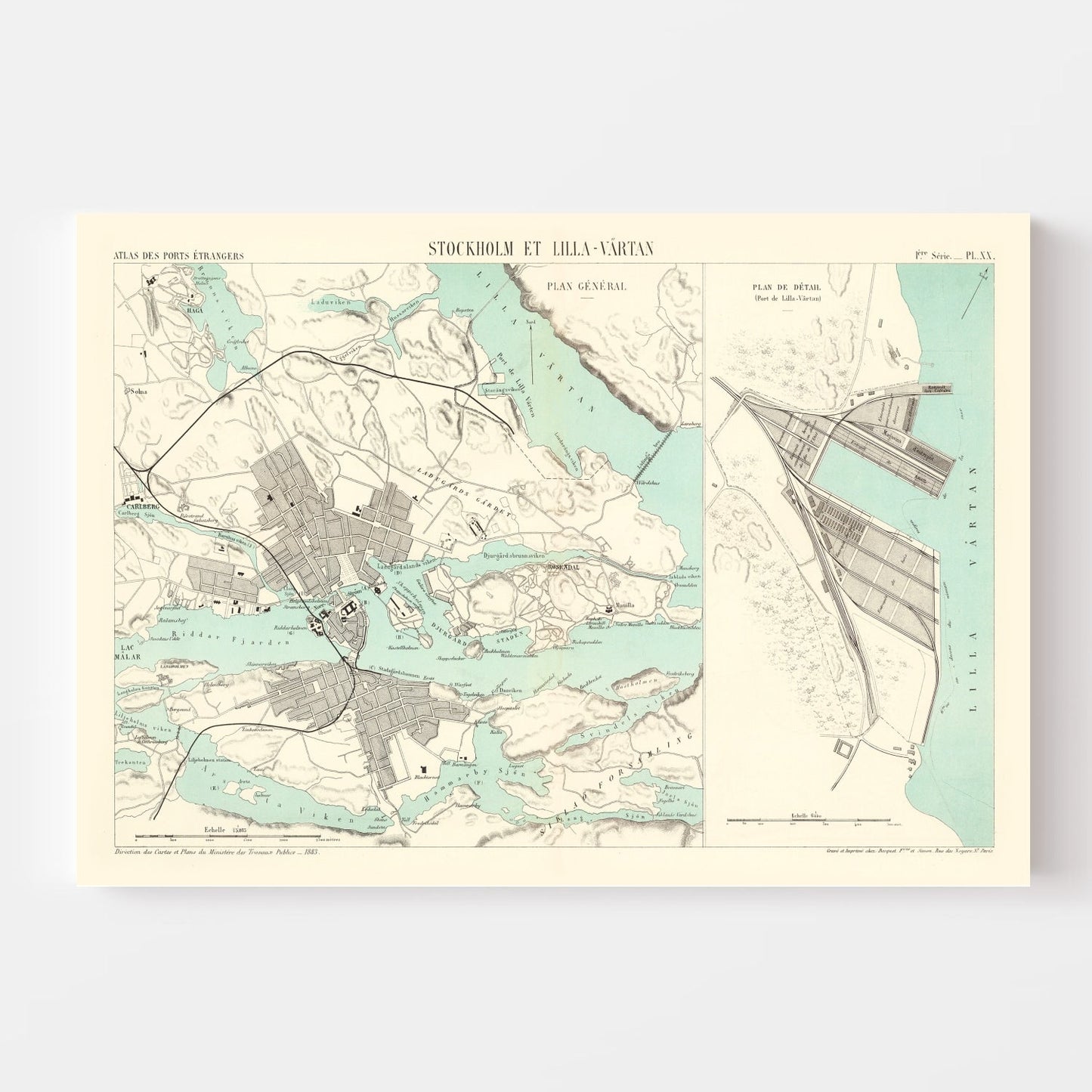 Vintage Map of Stockholm, Sweden, 1883