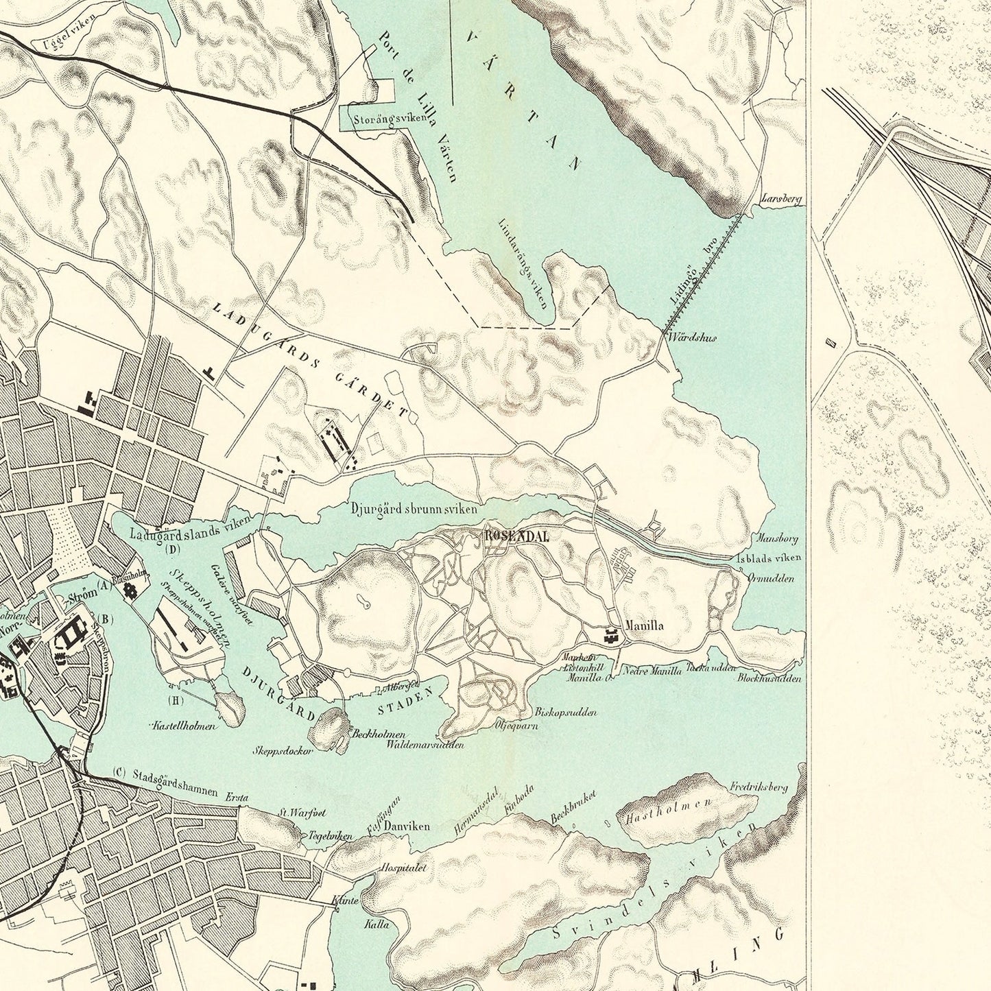 Vintage Map of Stockholm, Sweden, 1883