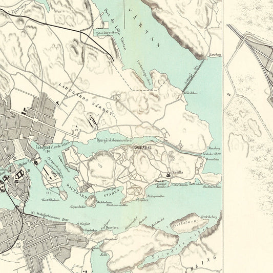 Vintage Map of Stockholm, Sweden, 1883