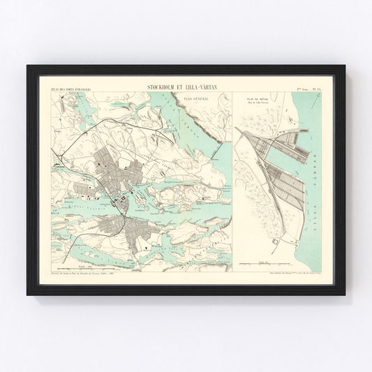 Vintage map of Stockholm, Sweden, 1883