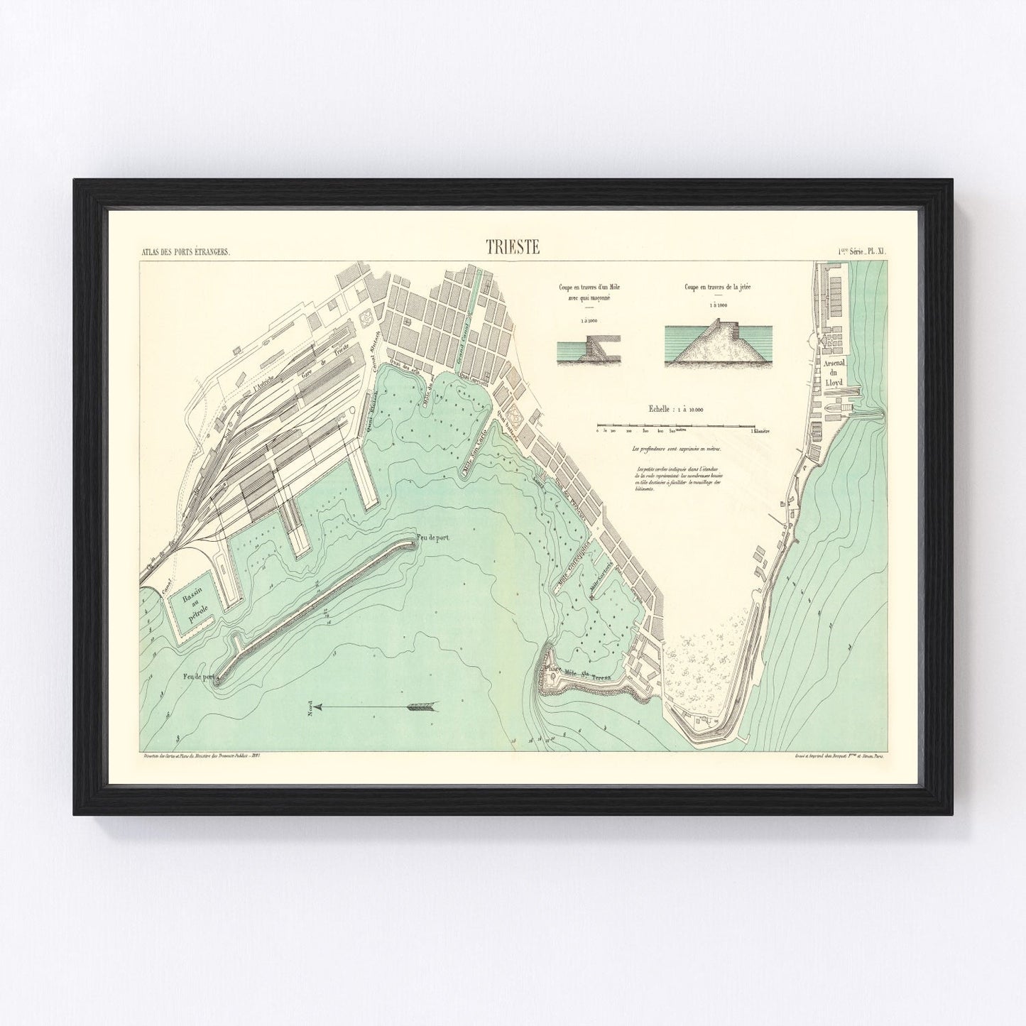 vintage map of Trieste, Italy, 1883