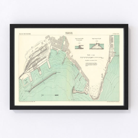vintage map of Trieste, Italy, 1883