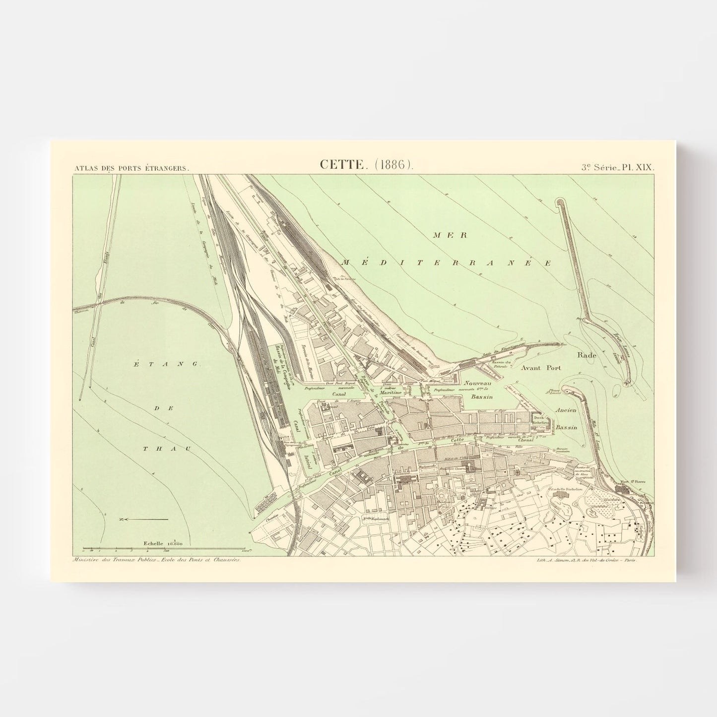 Vintage Map of Sète, France, 1886