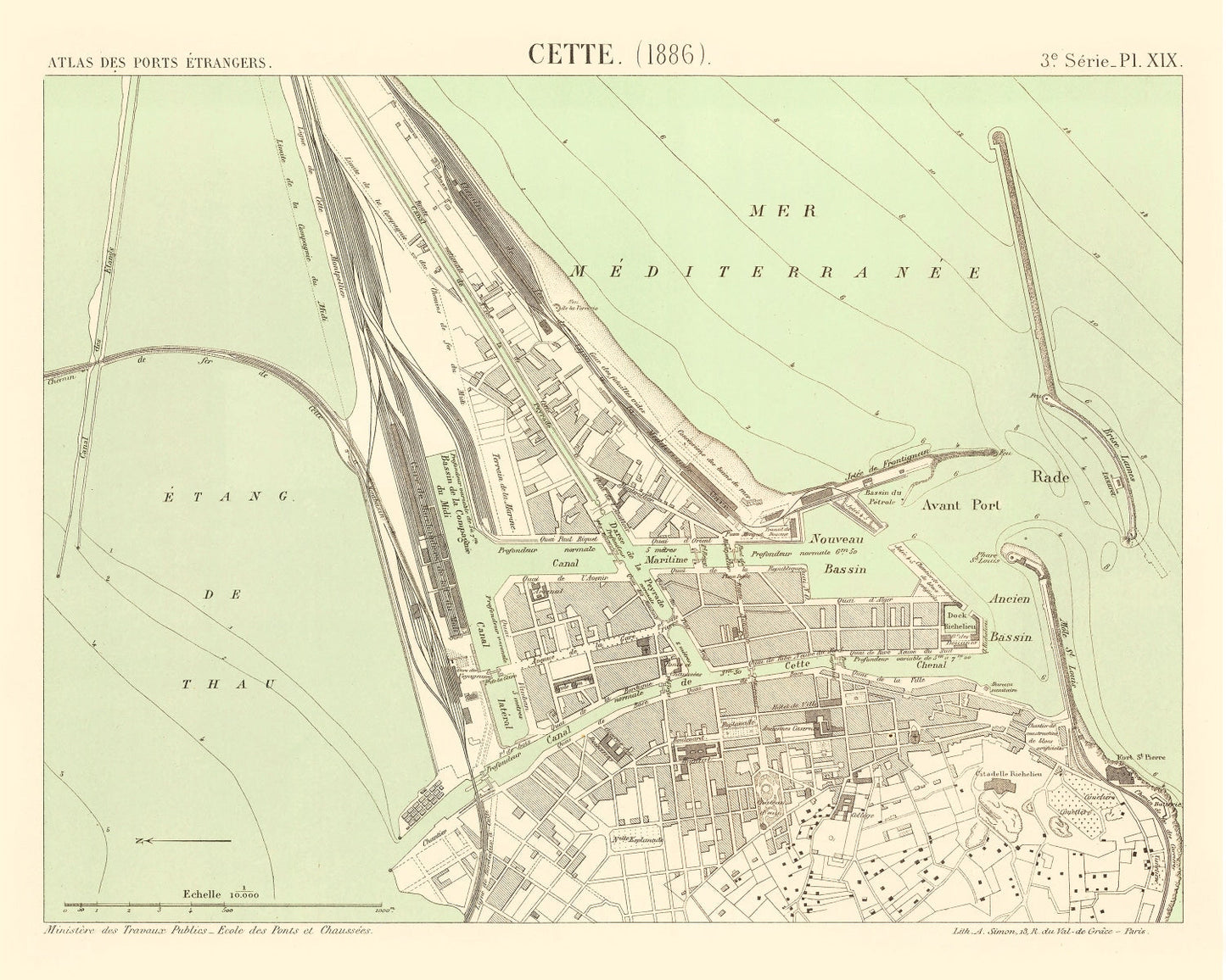 Vintage Map of Sète, France, 1886