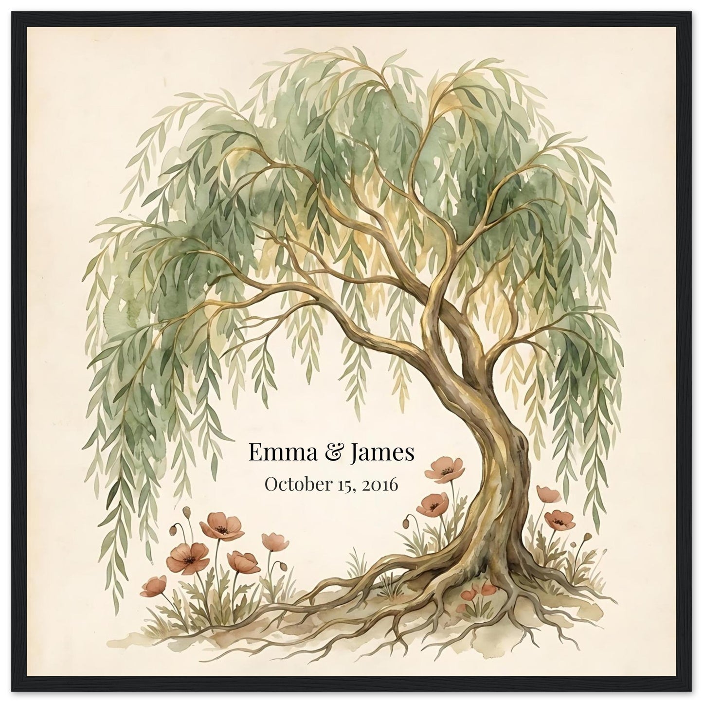 Personalized Willow Tree 9th Anniversary Wall Art - 50x50 cm / 20x20″ - Black frame / Ready-to-hang - Sparkycare