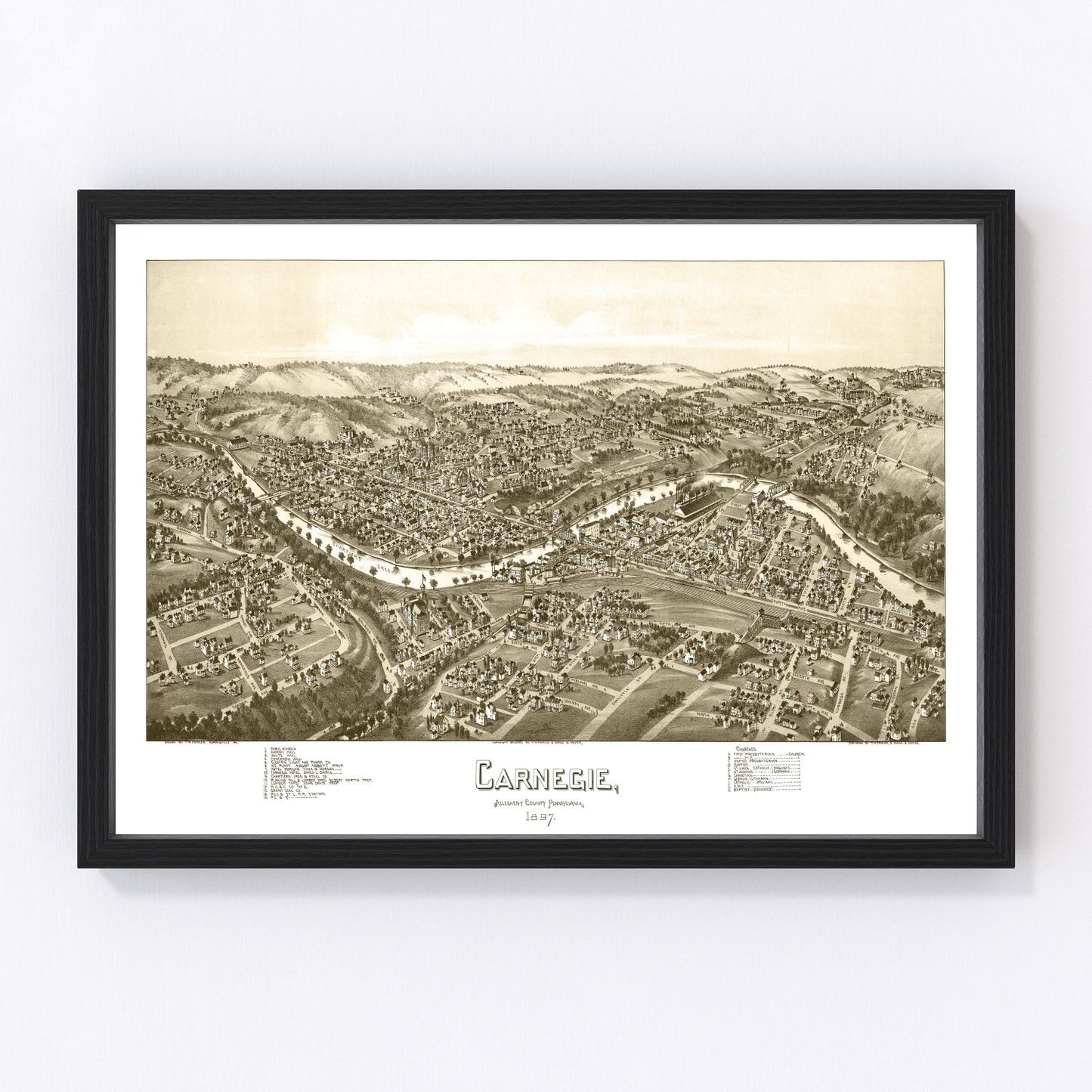 Vintage map of Carnegie, Pennsylvania, 1897, restored vintage wall art print