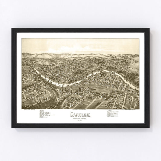 Vintage map of Carnegie, Pennsylvania, 1897, restored vintage wall art print