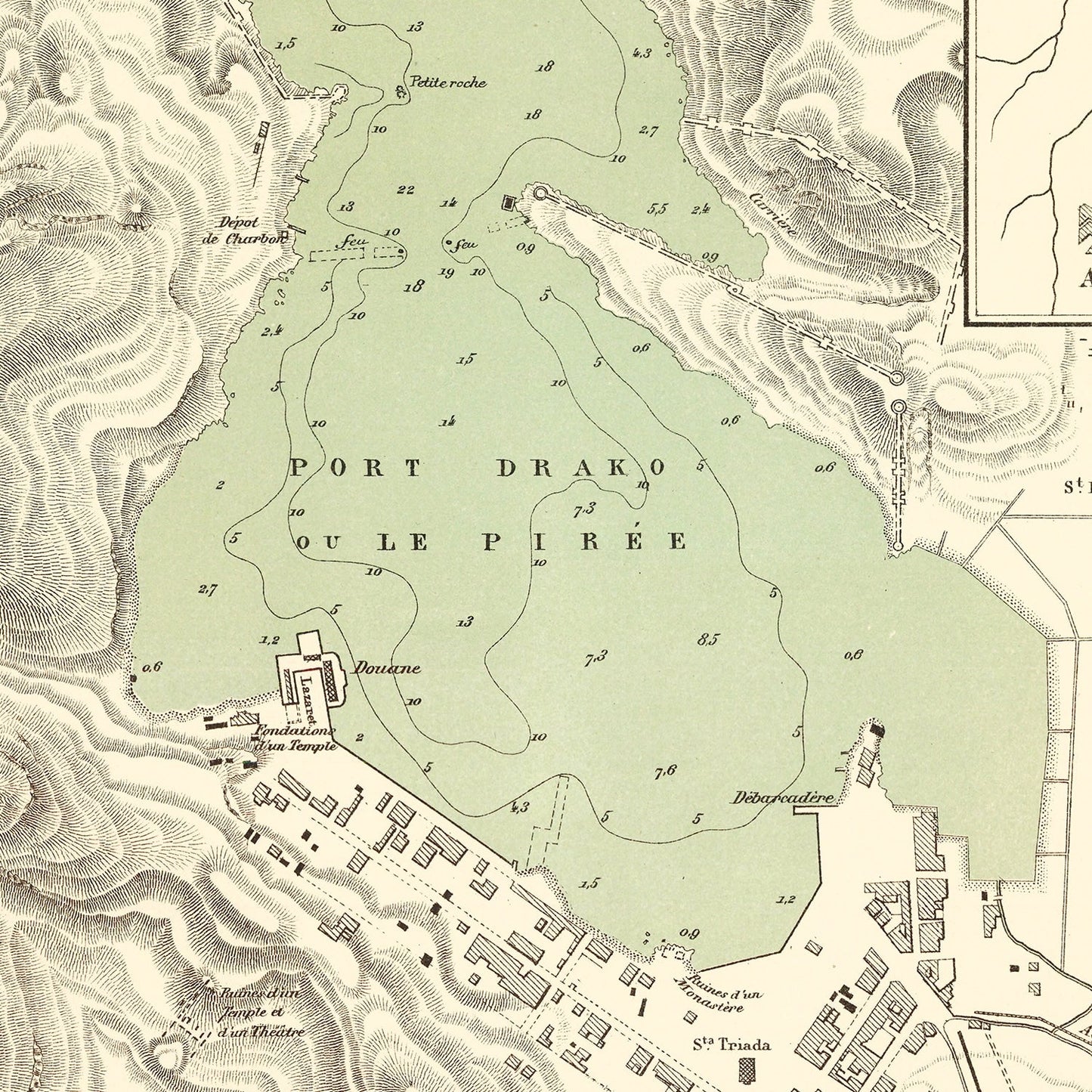 Vintage Map of Piraeus, Greece, 1870