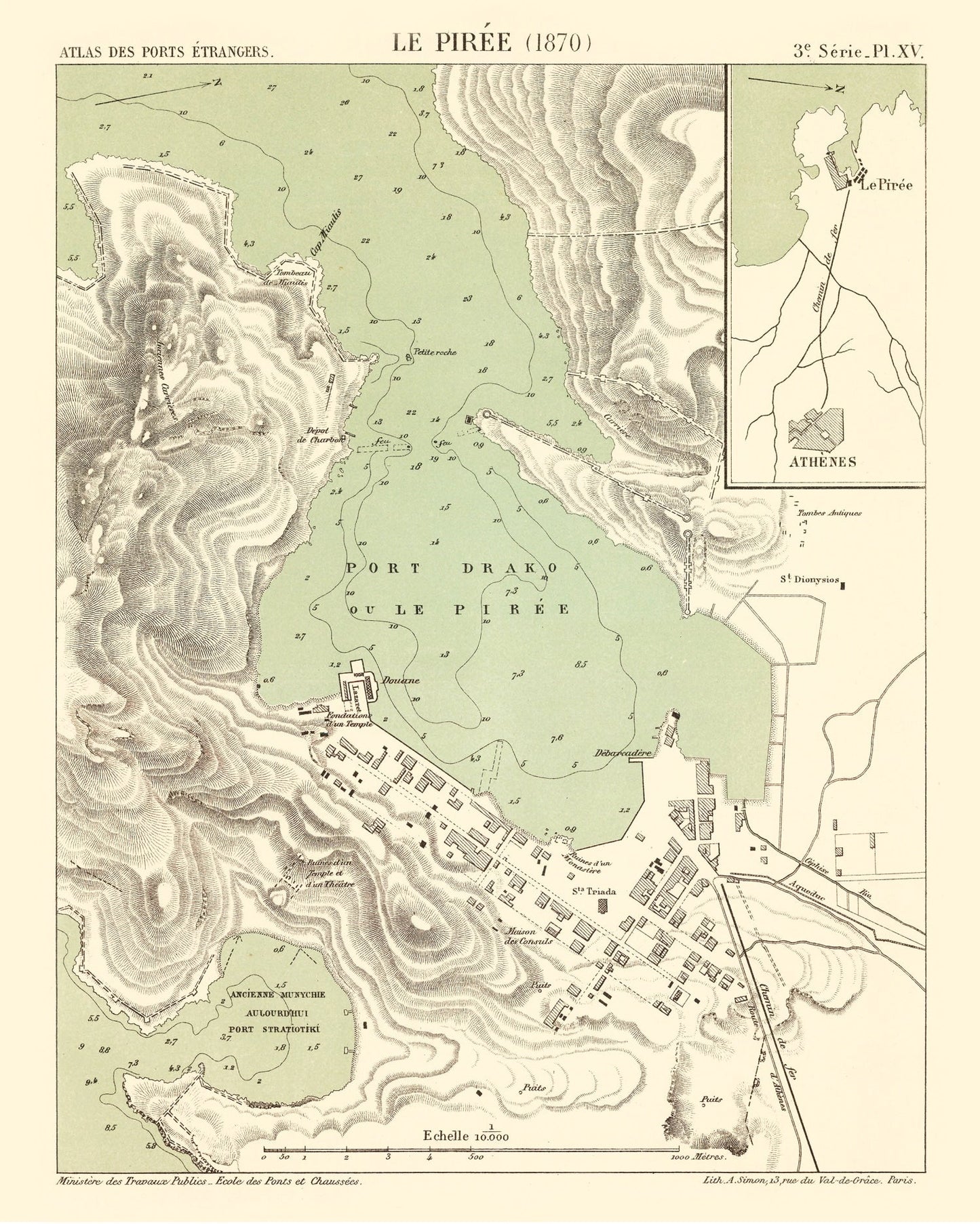 Vintage Map of Piraeus, Greece, 1870