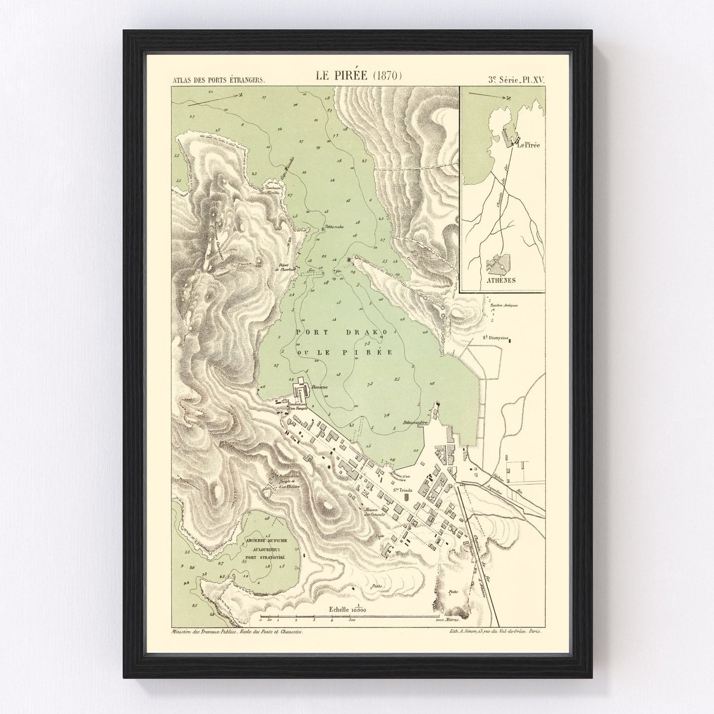 Vintage map of Piraeus, Greece, 1870