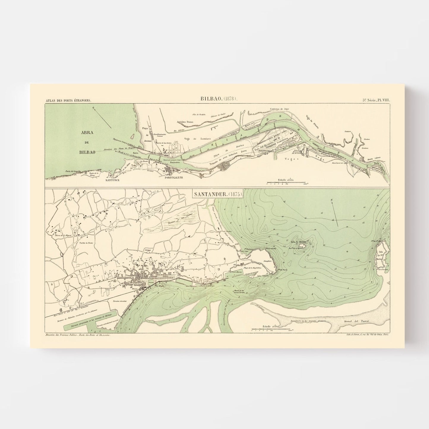 Vintage Map of Bilbao, Spain, 1878