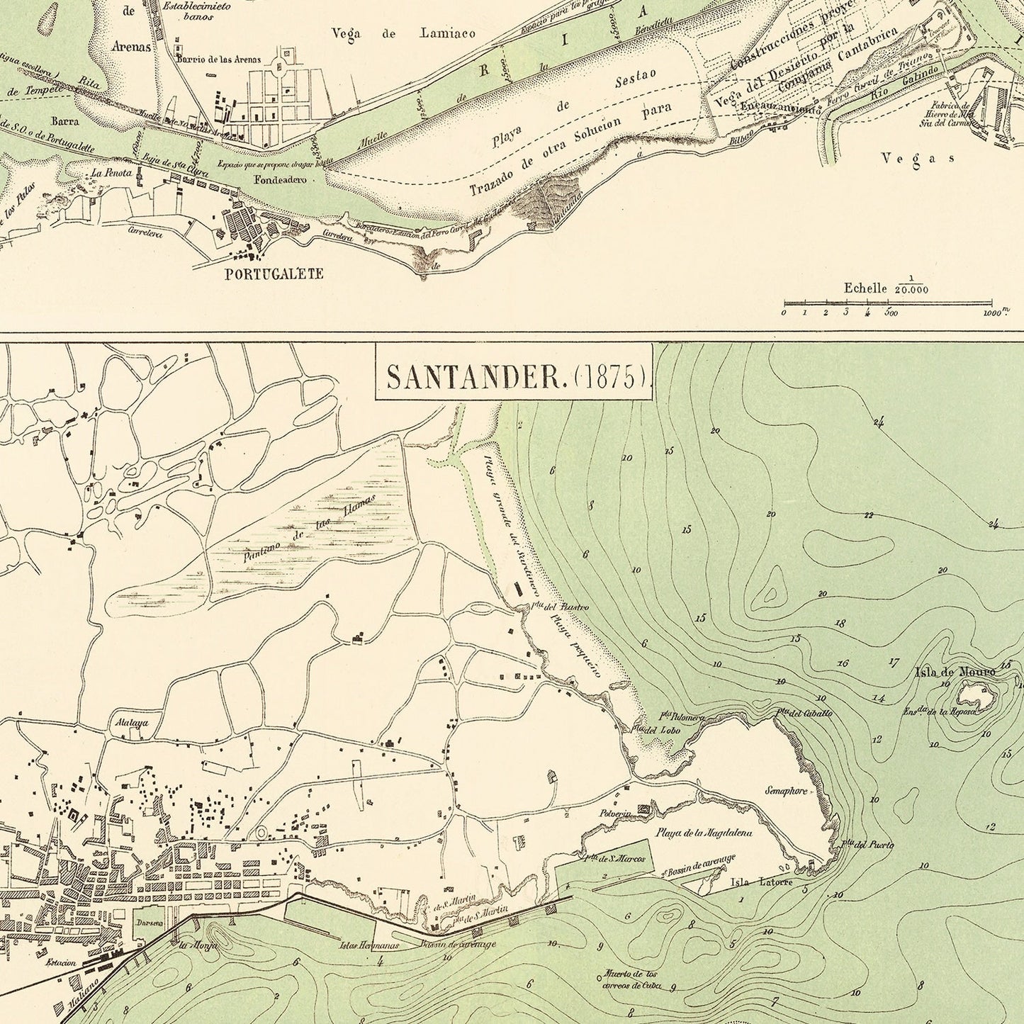 Vintage Map of Bilbao, Spain, 1878