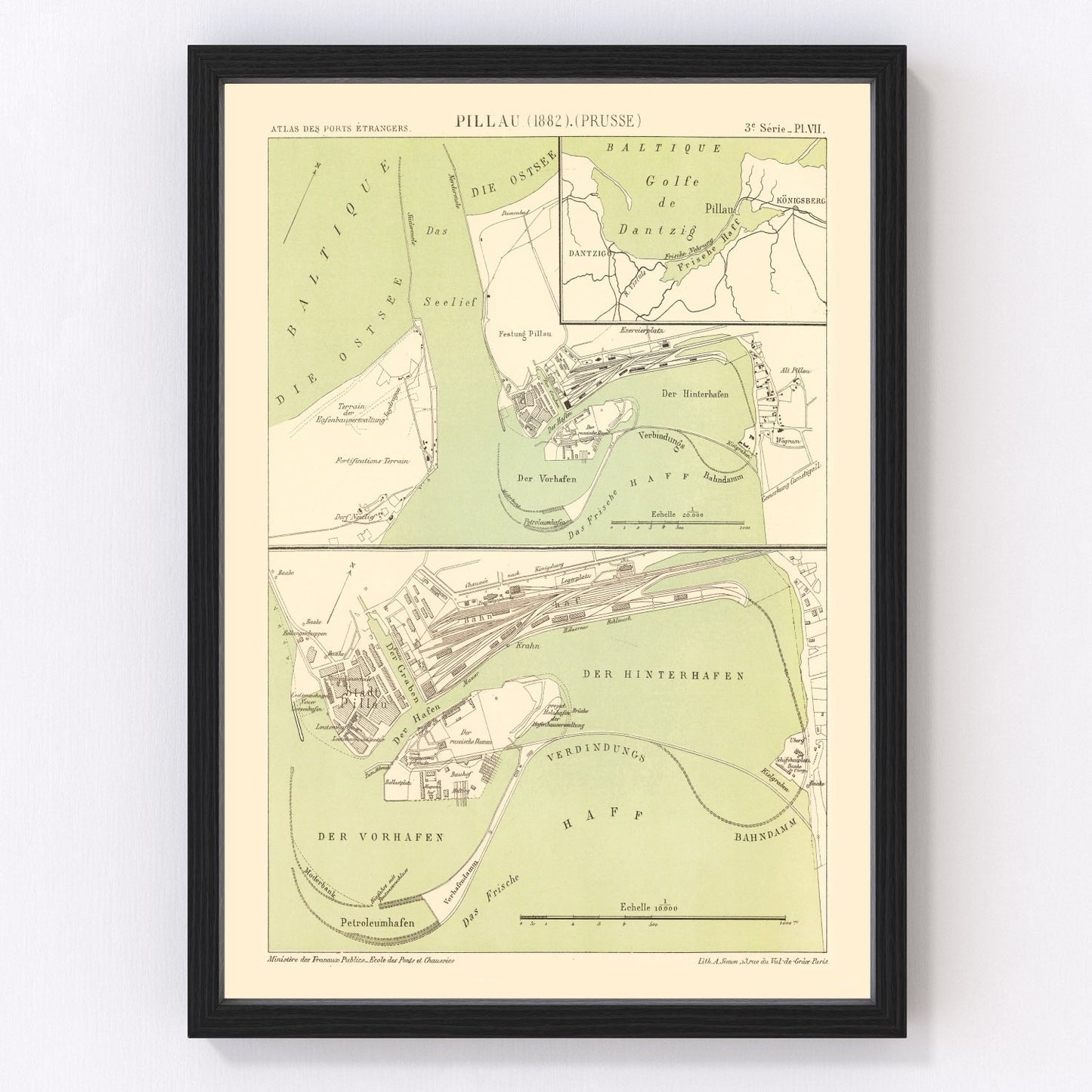 Vintage map of Baltiysk, Prussia, 1882
