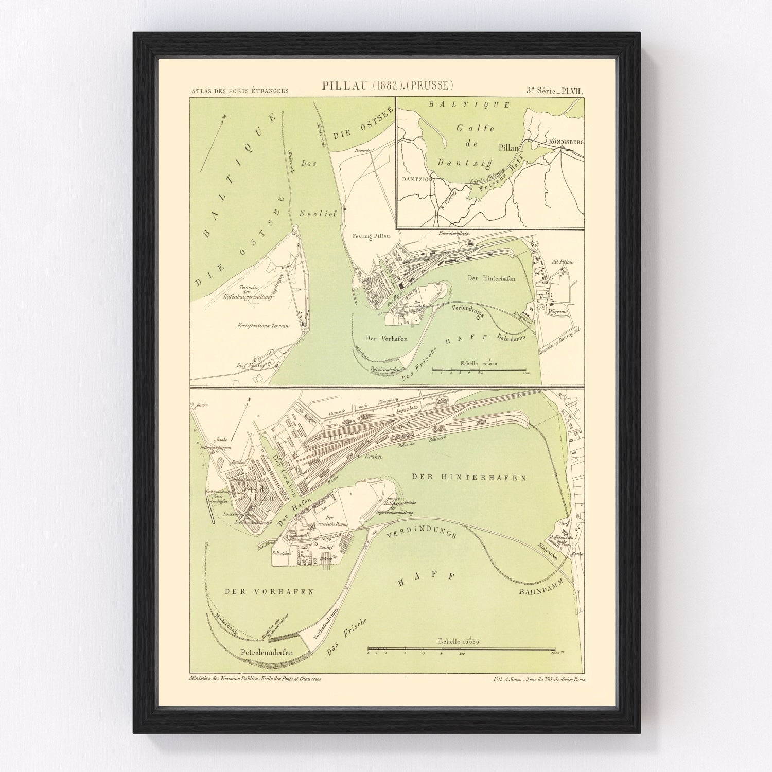 Vintage map of Baltiysk, Prussia, 1882