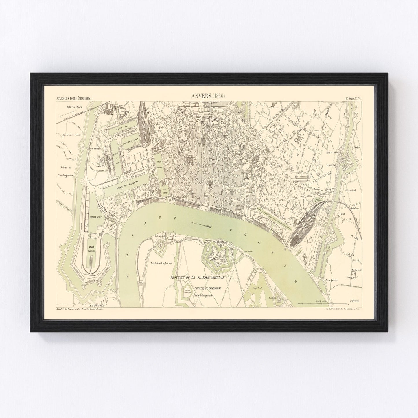 Restored vintage map of Antwerp, Belgium, 1886