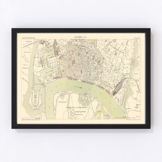Restored vintage map of Antwerp, Belgium, 1886