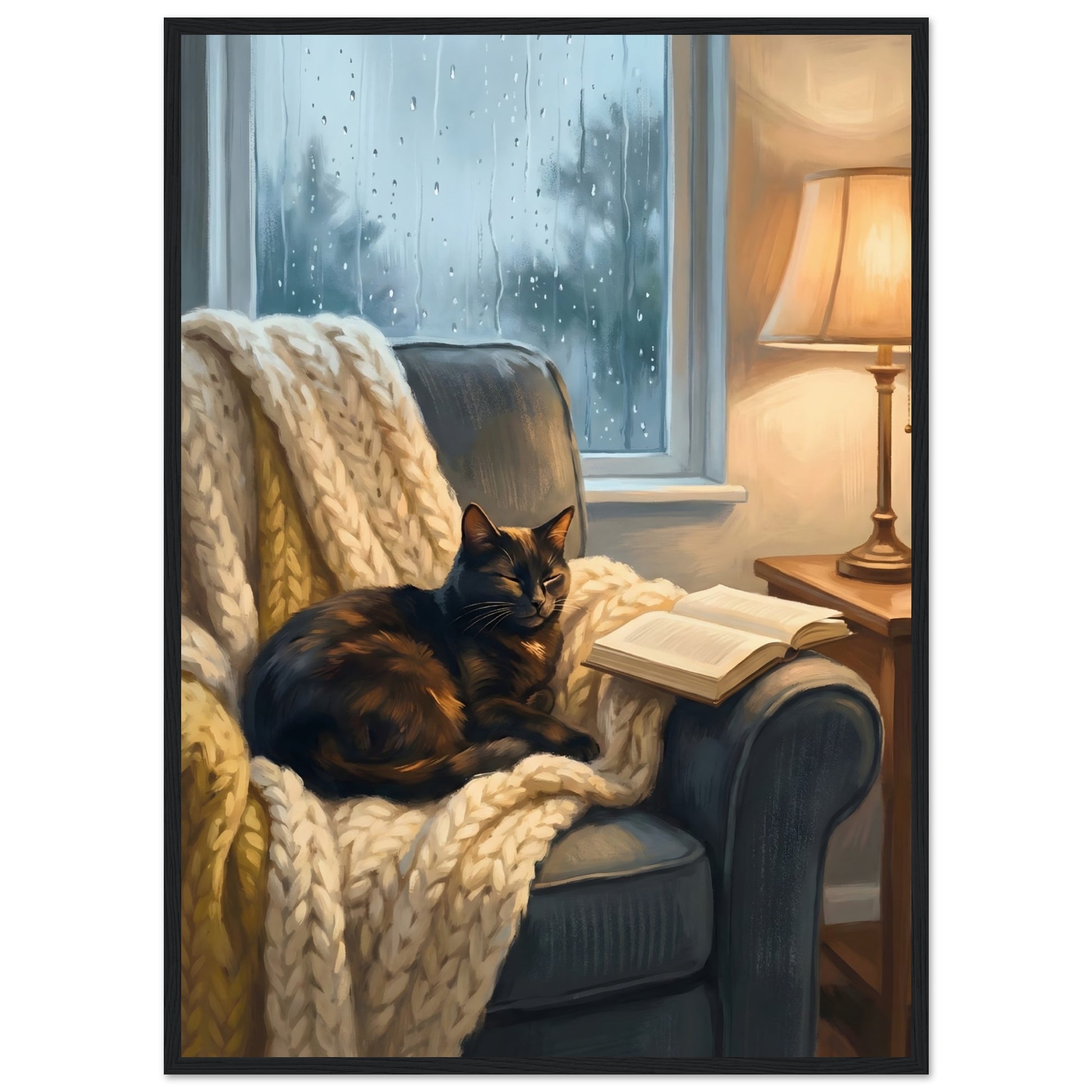 Cozy Cat Reading Poster - The Finishing Touch Your Reading Nook Needs - 50x70 cm / 20x28″ - Black frame / Ready-to-hang - Sparkycare