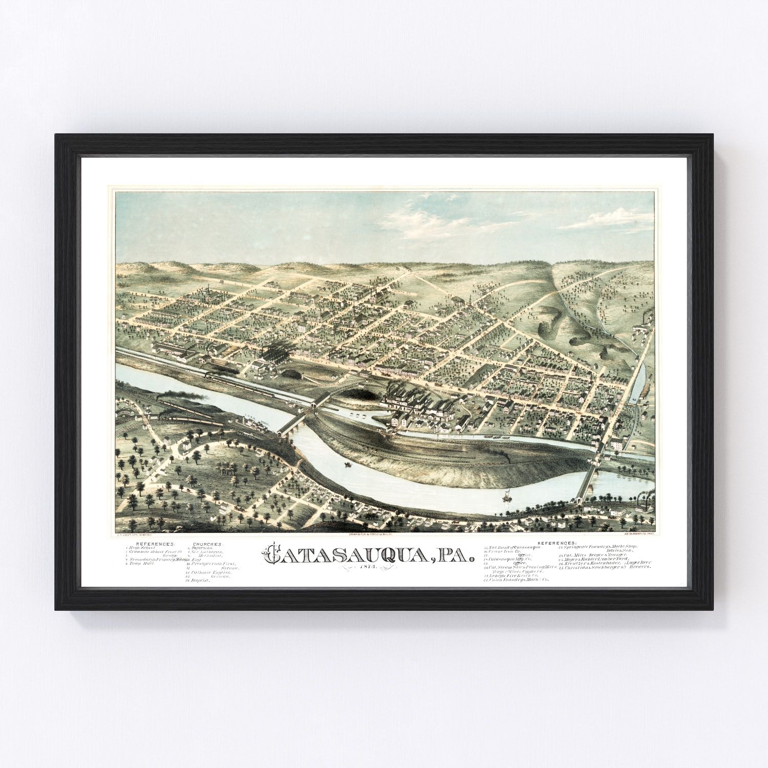 Vintage map of Catasauqua, Pennsylvania, 1873, restored vintage wall art print