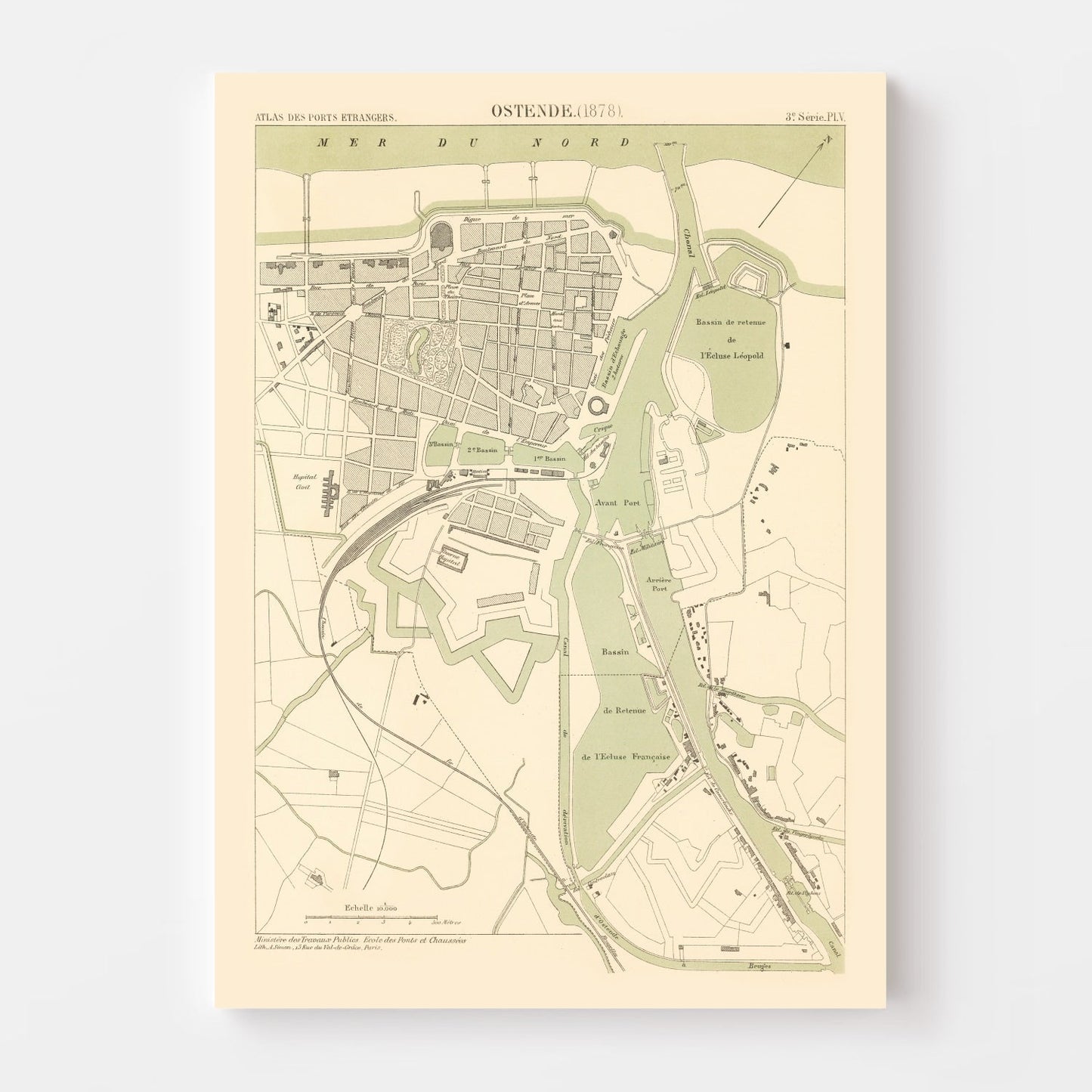 Vintage Map of Ostend, Belgium, 1878