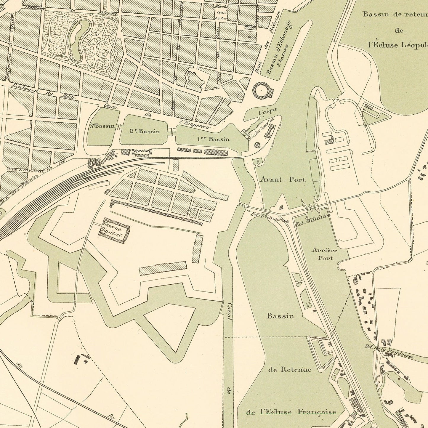 Vintage Map of Ostend, Belgium, 1878