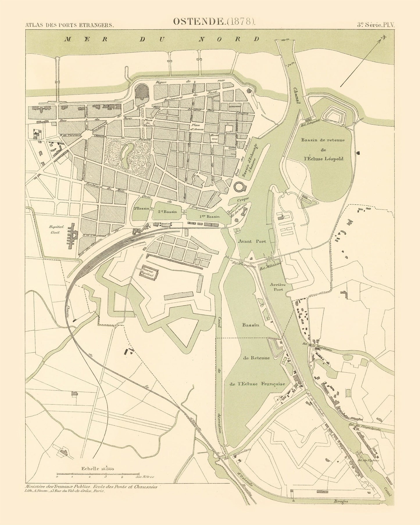 Vintage Map of Ostend, Belgium, 1878