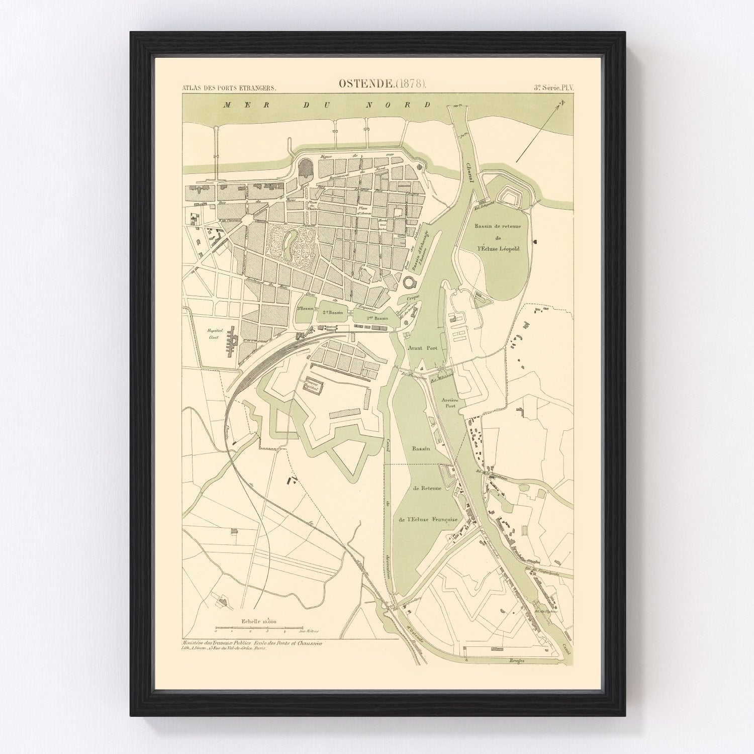Vintage map of Ostend, Belgium, 1878